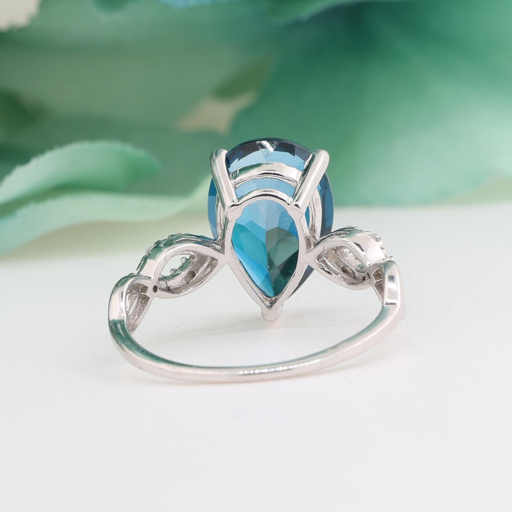 Pear London Blue Topaz White Topaz Accent Ring 10K White Gold 2.90 CTW Size 7