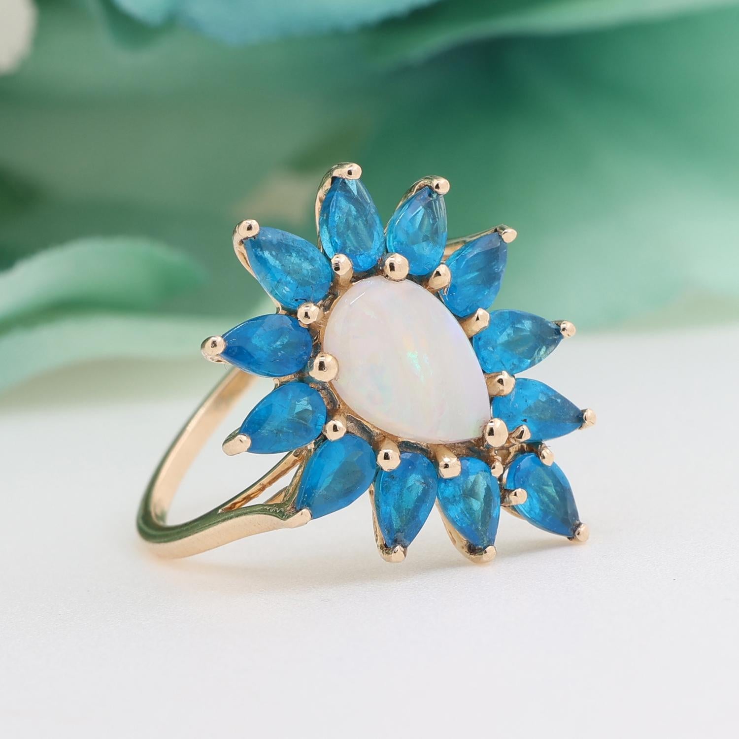 Floral Pear Opal Blue Apatite Full Finger Ring 10K Yellow Gold 2.67 TW Size 7.25