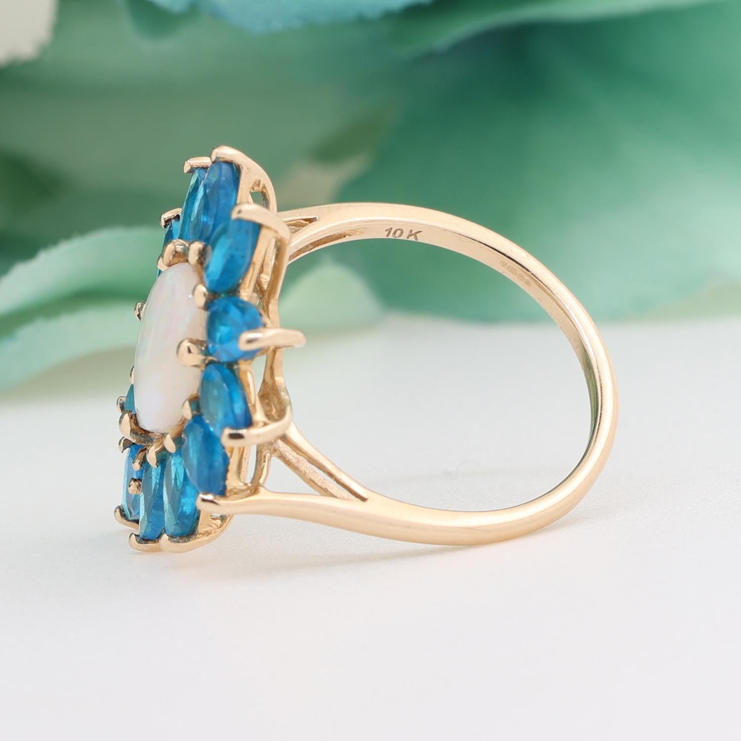 Floral Pear Opal Blue Apatite Full Finger Ring 10K Yellow Gold 2.67 TW Size 7.25