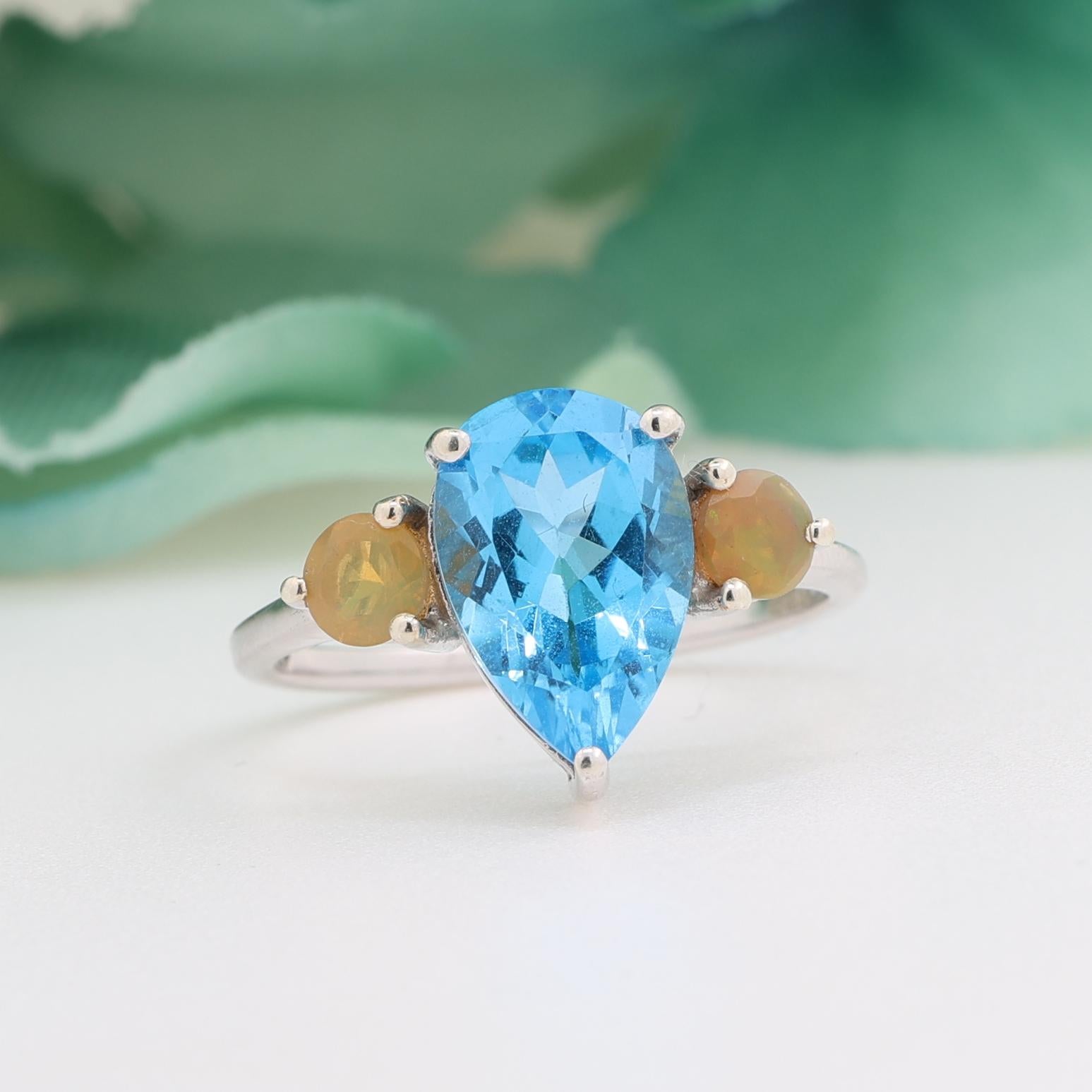 Pear Swiss Blue Topaz Jelly Opal Solitaire Ring 10K White Gold 3.70CTW Size 7.25