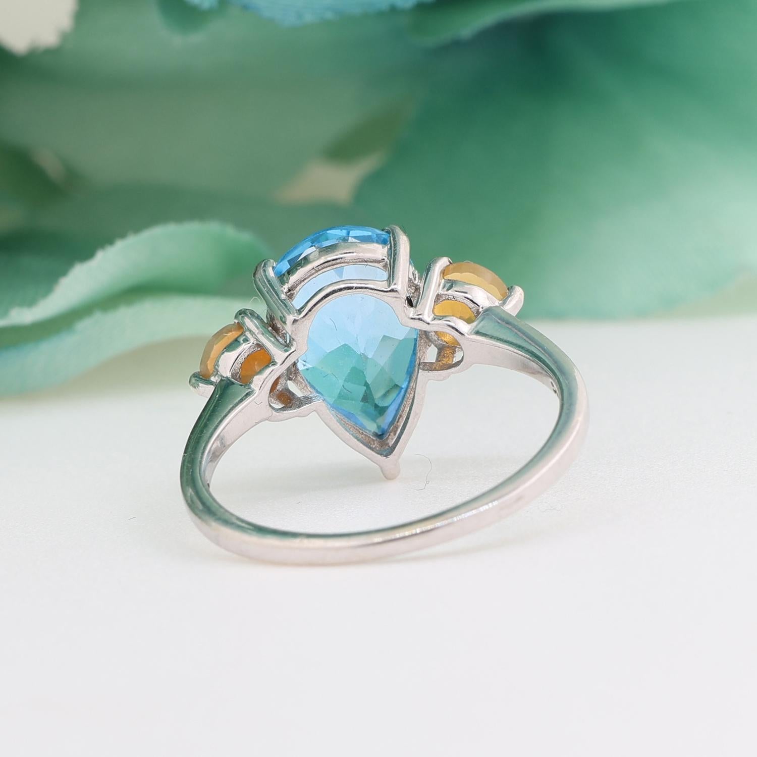 Pear Swiss Blue Topaz Jelly Opal Solitaire Ring 10K White Gold 3.70CTW Size 7.25