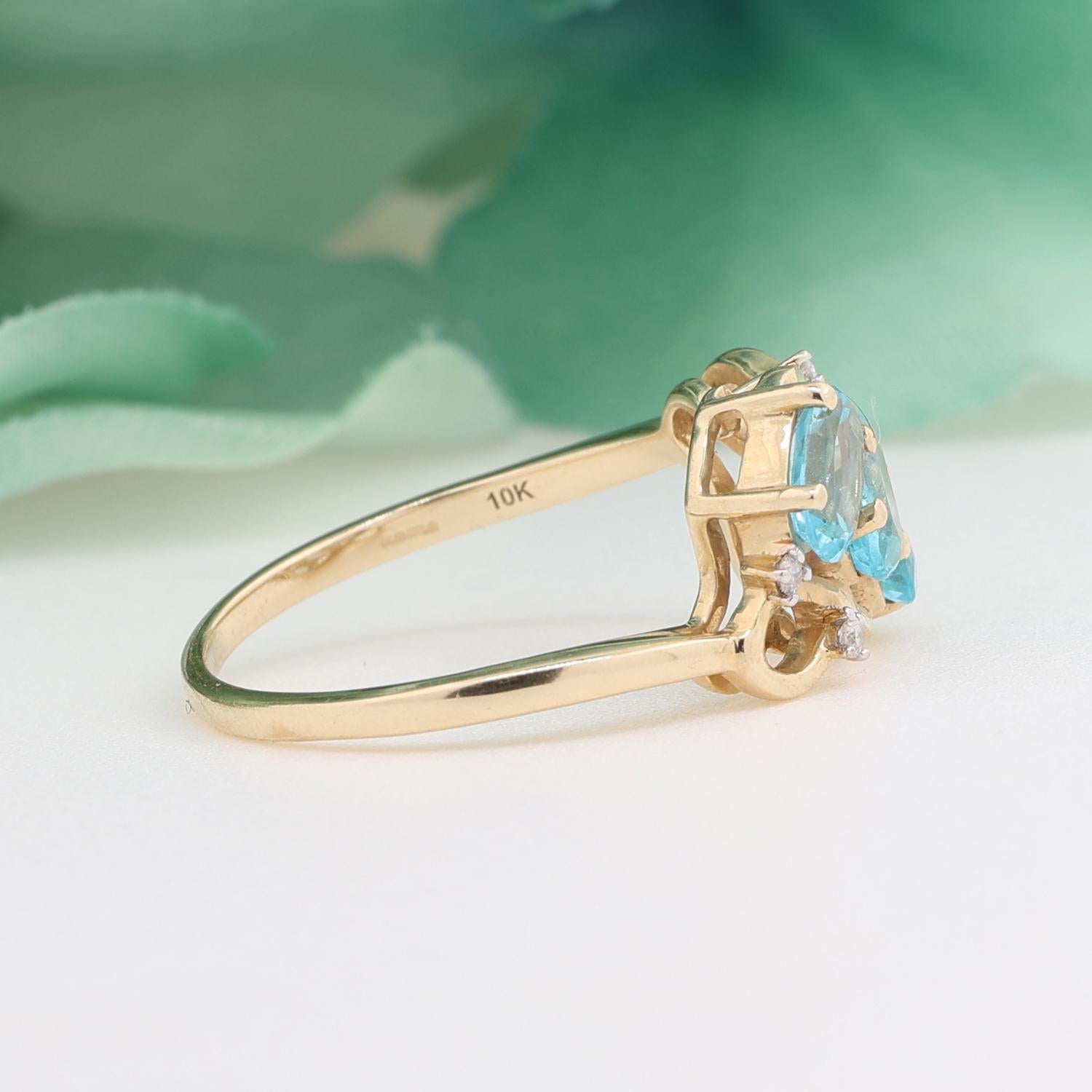 3-Stone Blue Topaz Diamond Cocktail Ring Swirl 10K Yellow Gold 3.34CTW Size 7.25