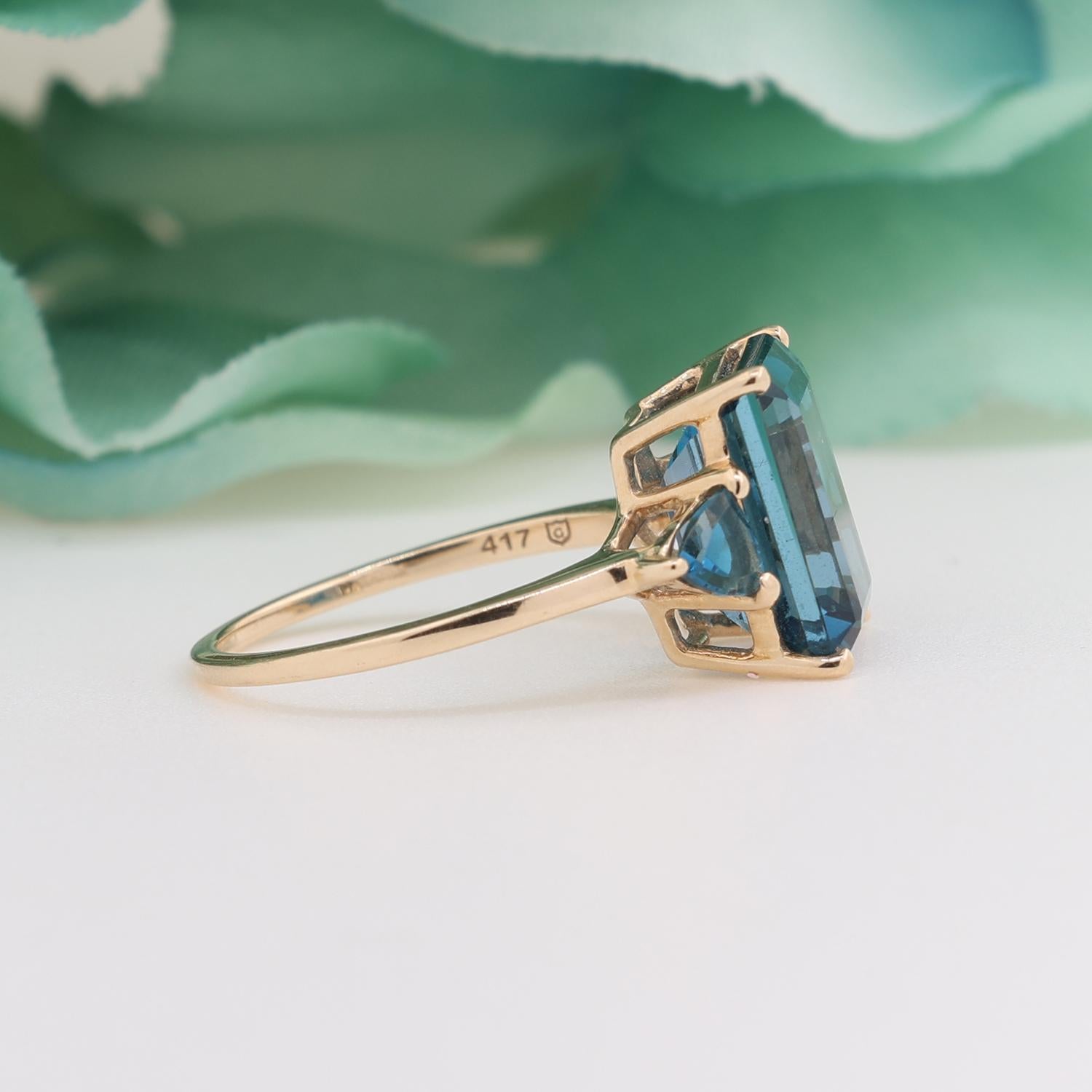 Emerald Cut Blue Topaz Statement Ring 10K Yellow Gold 7.65 CTW Size 7.25