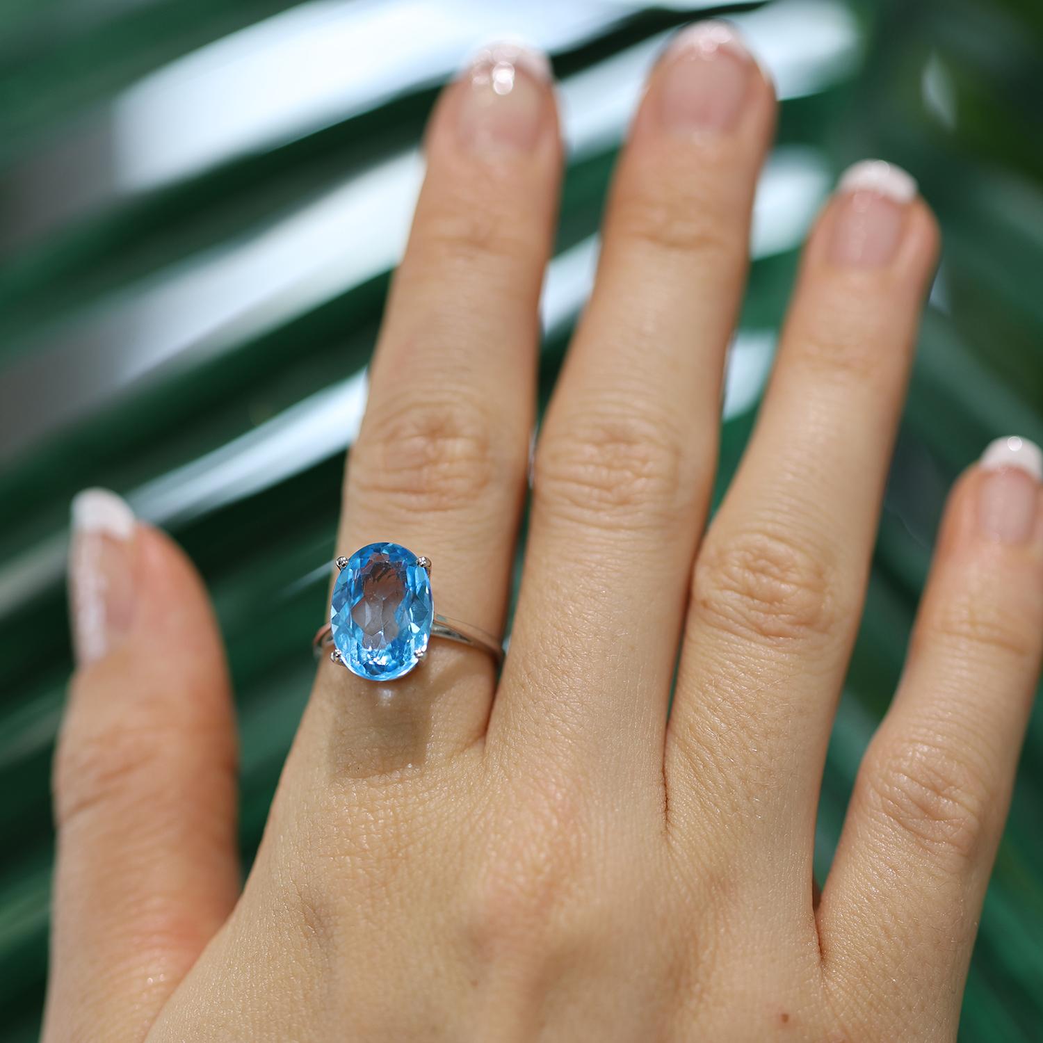 Oval Swiss Blue Topaz Solitaire Ring 10K White Gold 8.00 CT Size 7.25