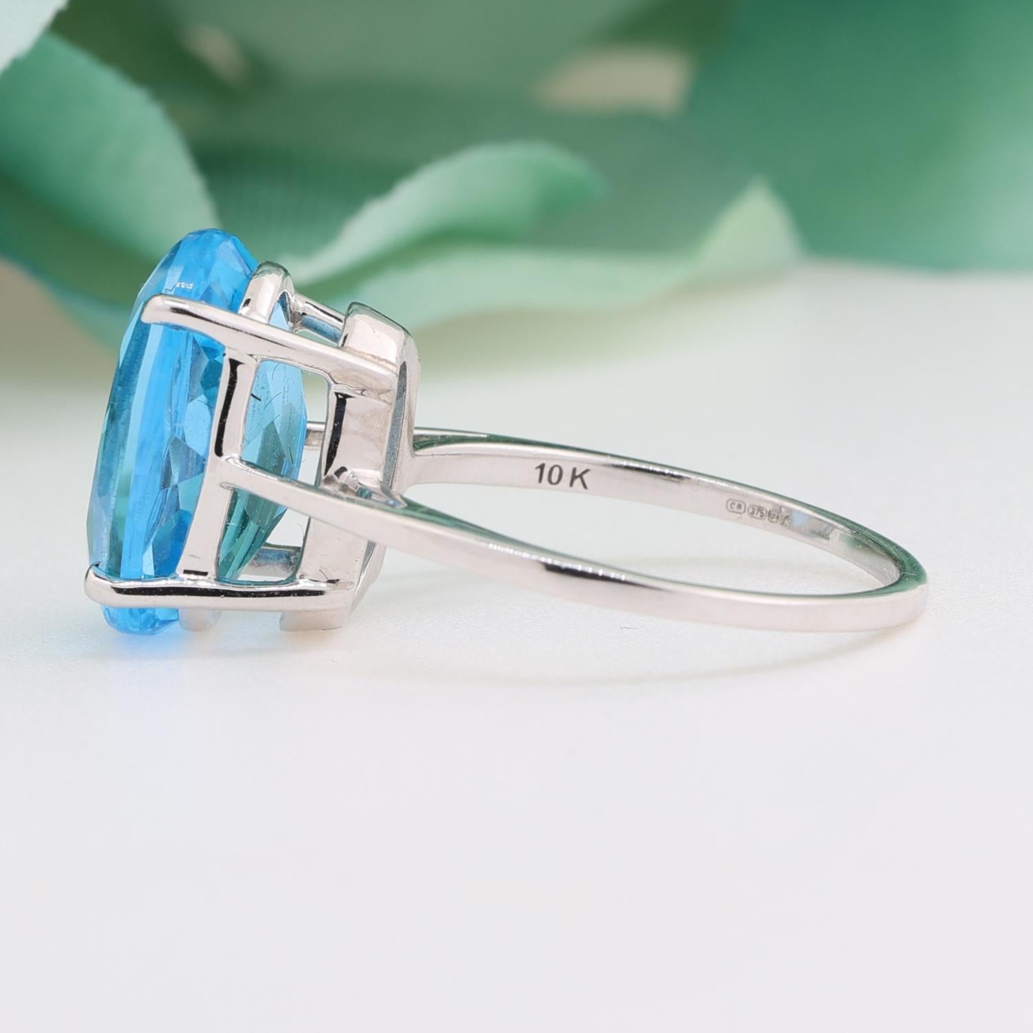 Oval Swiss Blue Topaz Solitaire Ring 10K White Gold 8.00 CT Size 7.25