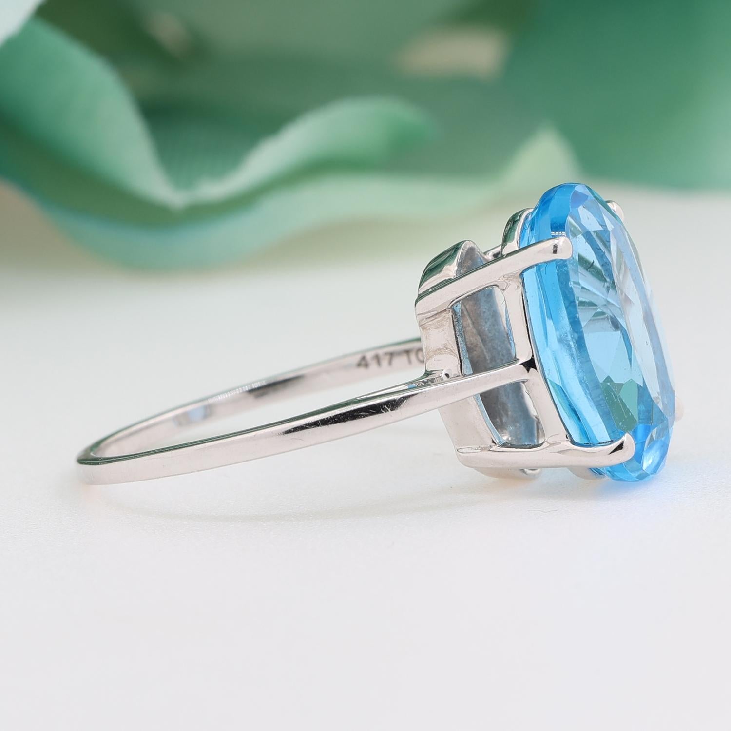 Oval Swiss Blue Topaz Solitaire Ring 10K White Gold 8.00 CT Size 7.25