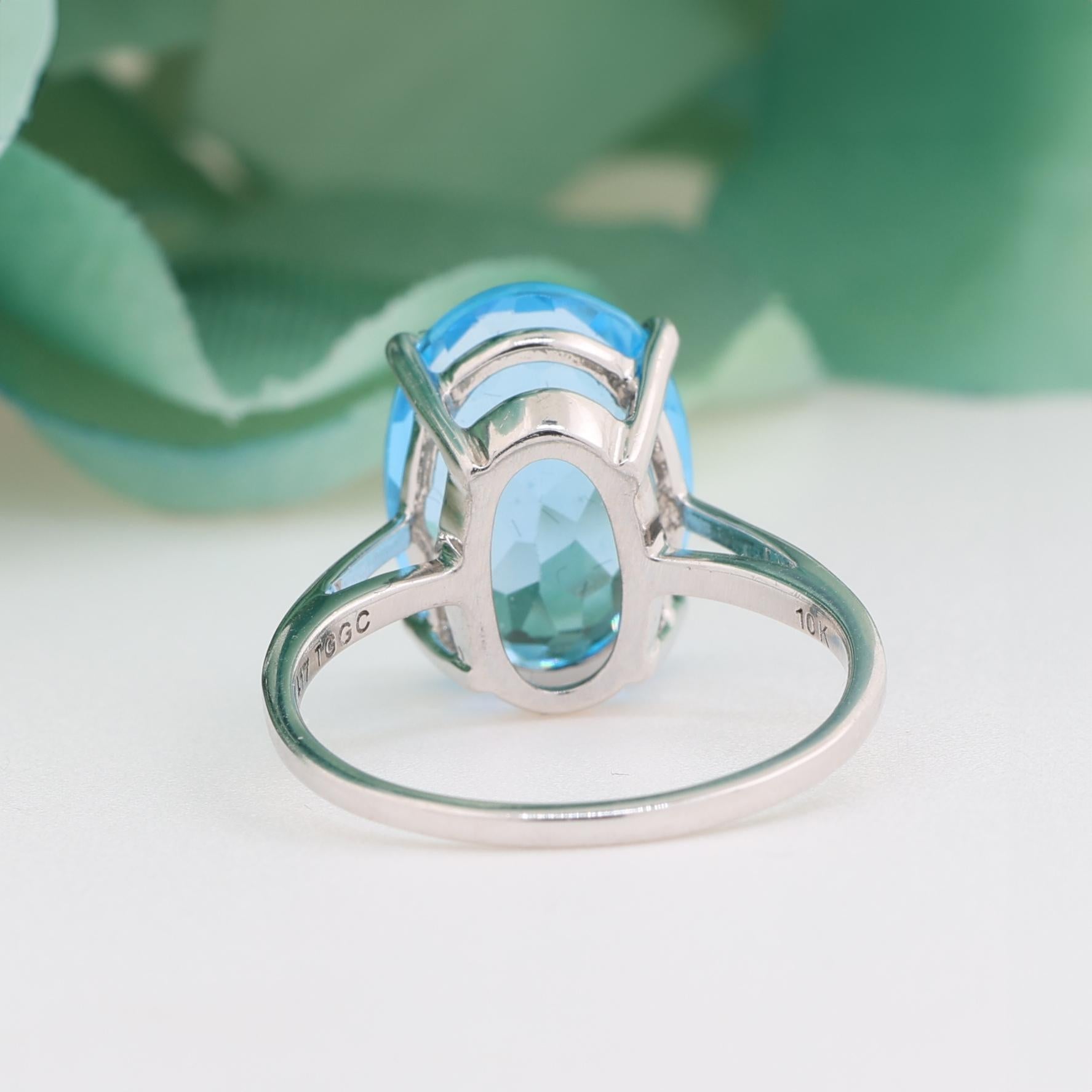 Oval Swiss Blue Topaz Solitaire Ring 10K White Gold 8.00 CT Size 7.25