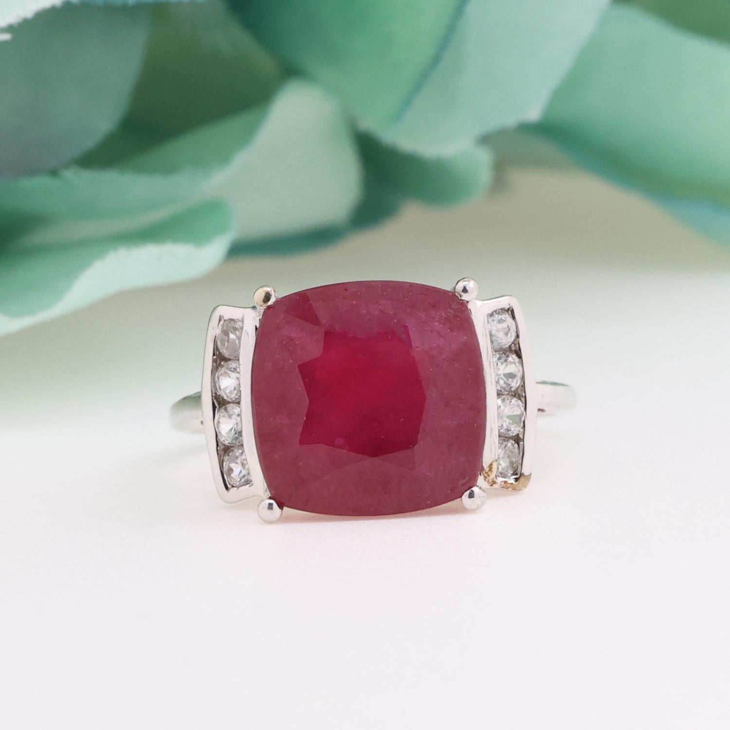 Ruby And White Topaz Cocktail Ring 10K White Gold 5.70 CTW Size 7.25 Estate