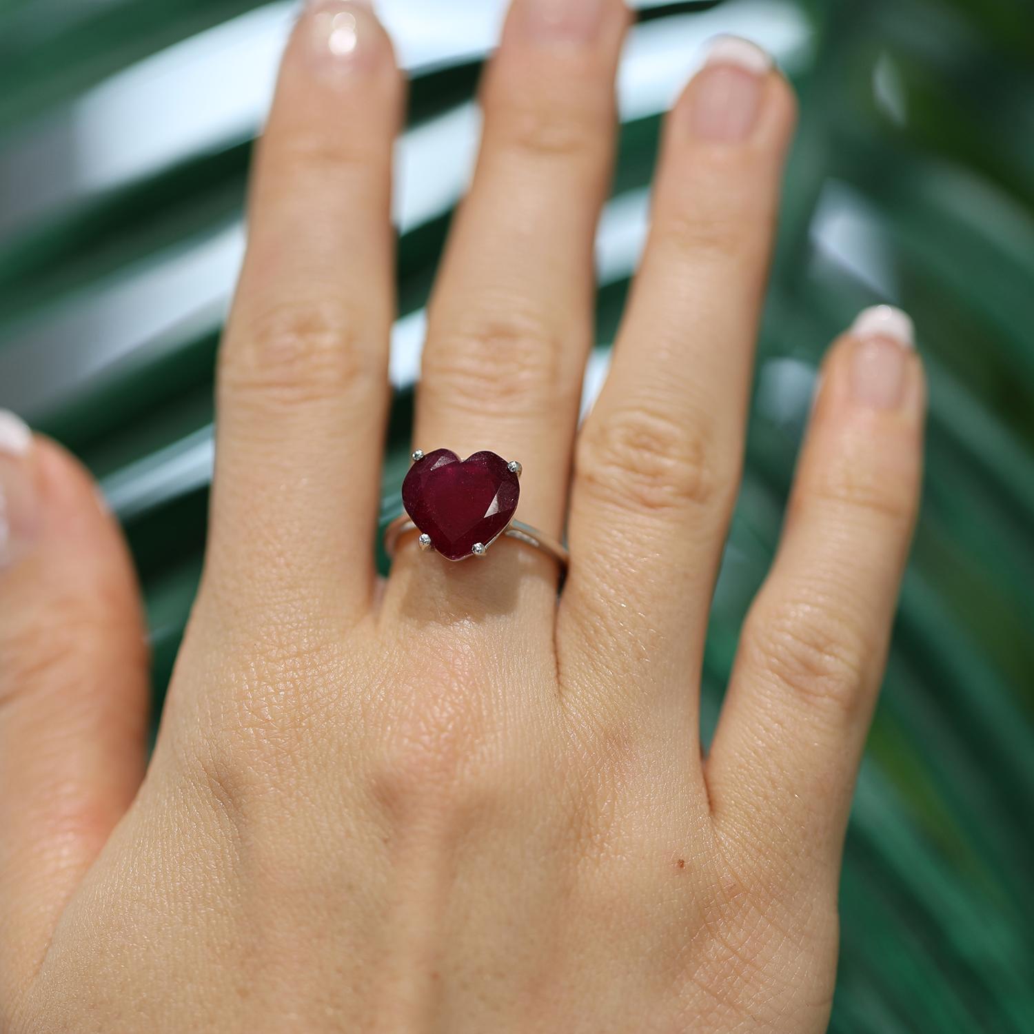 Red Heart Shaped Ruby Solitaire Ring 10K White Gold 6.55 CT Size 7.25