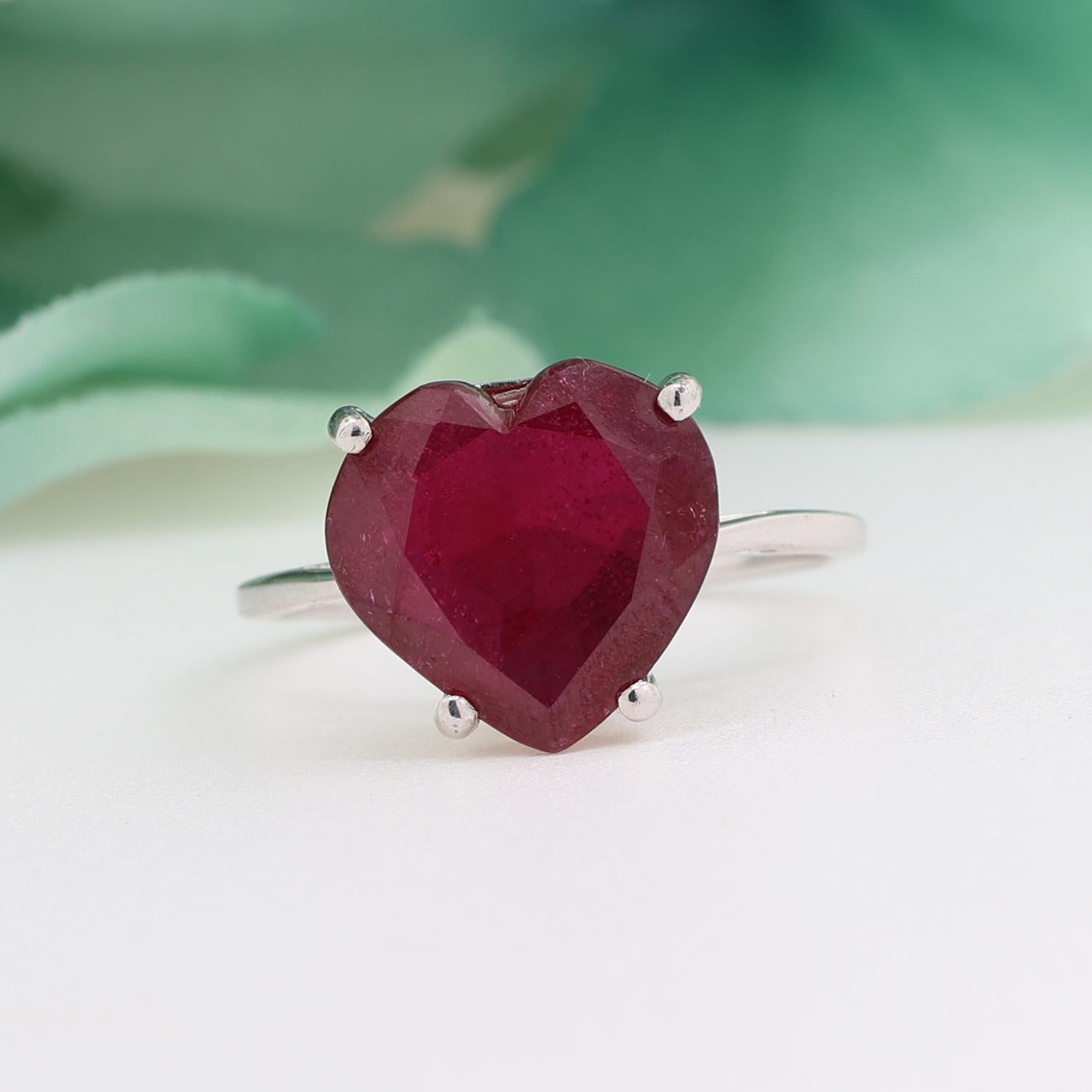 Red Heart Shaped Ruby Solitaire Ring 10K White Gold 6.55 CT Size 7.25