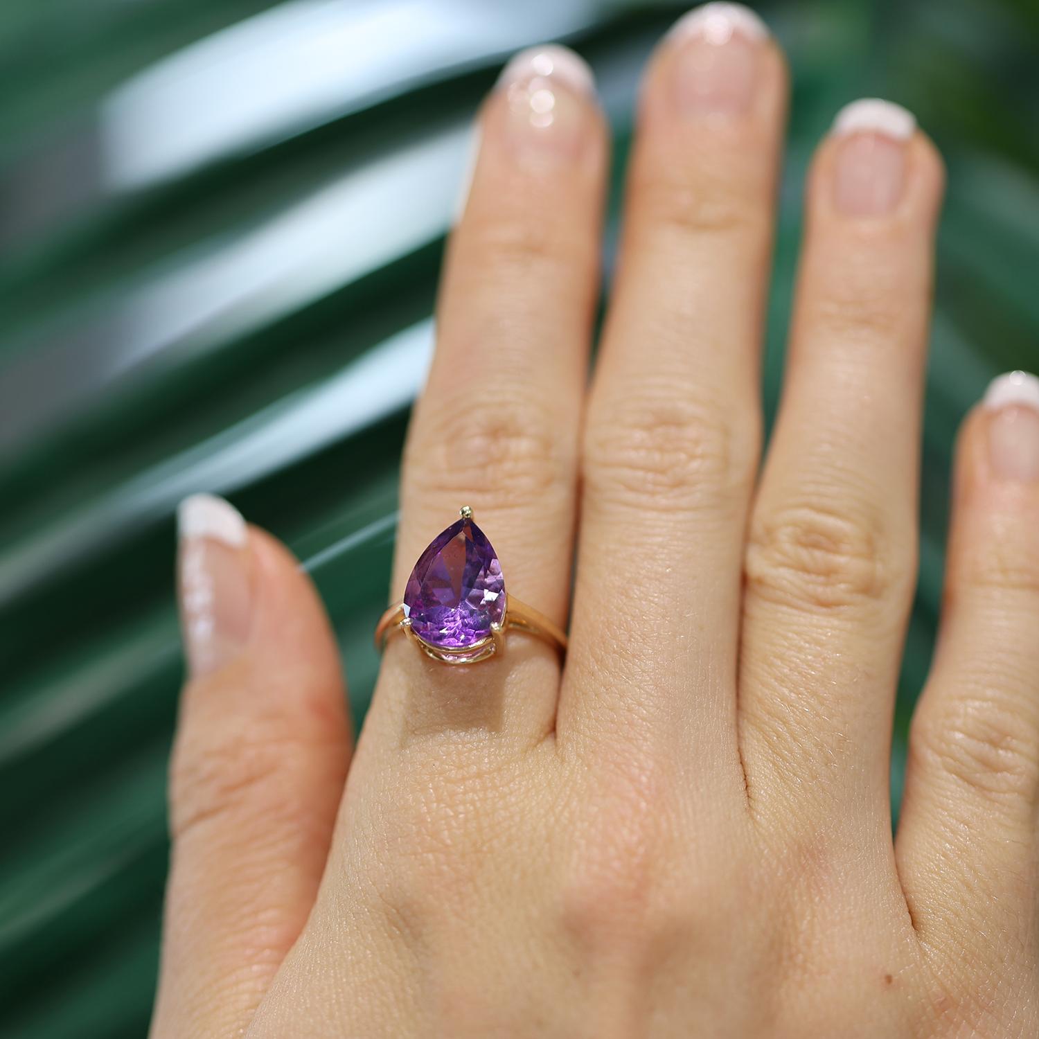 Purple Pear Cut Amethyst Solitaire Ring 14K Yellow Gold 3.35 CT Size 7.25