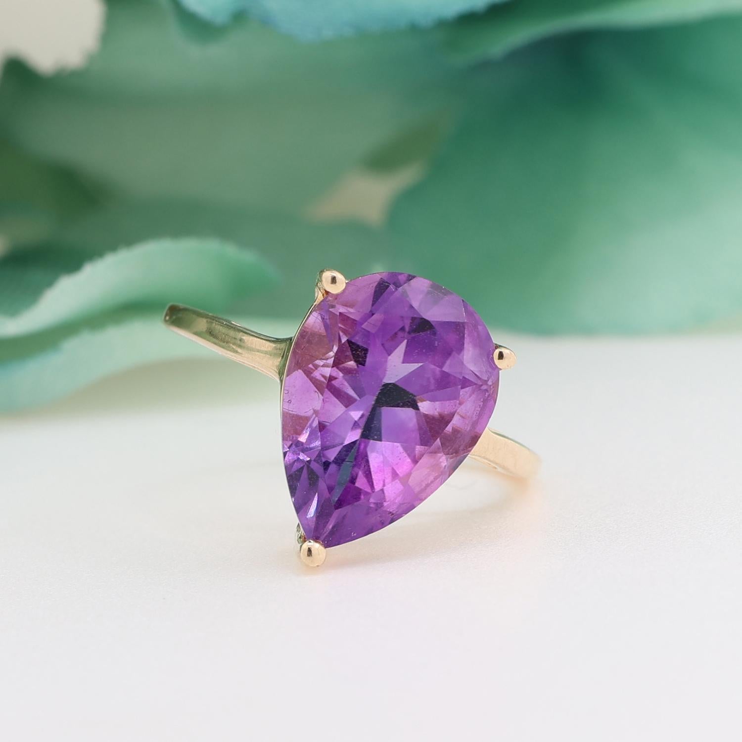 Purple Pear Cut Amethyst Solitaire Ring 14K Yellow Gold 3.35 CT Size 7.25