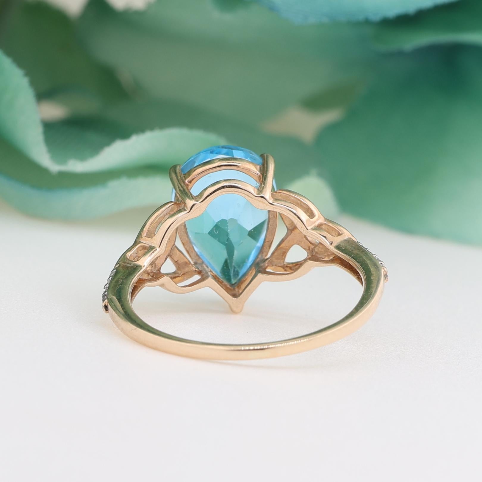 Swiss Blue White Topaz Celtic Knot Ring 10K Yellow Gold 3.68 CTW Size 6.75