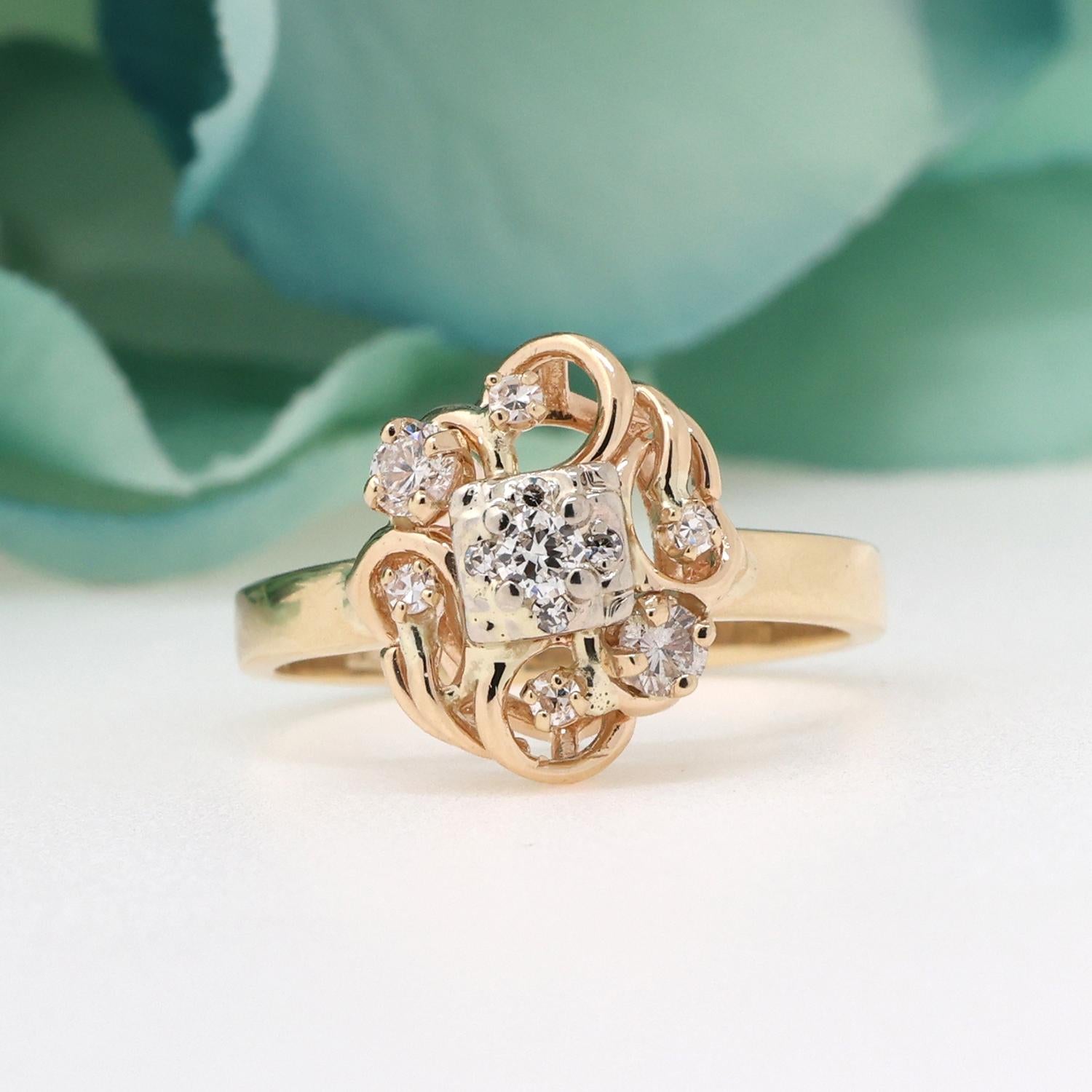 Floral Diamond Cocktail Ring 10K Yellow Gold Filigree 0.37 TW Size 8.75 Estate