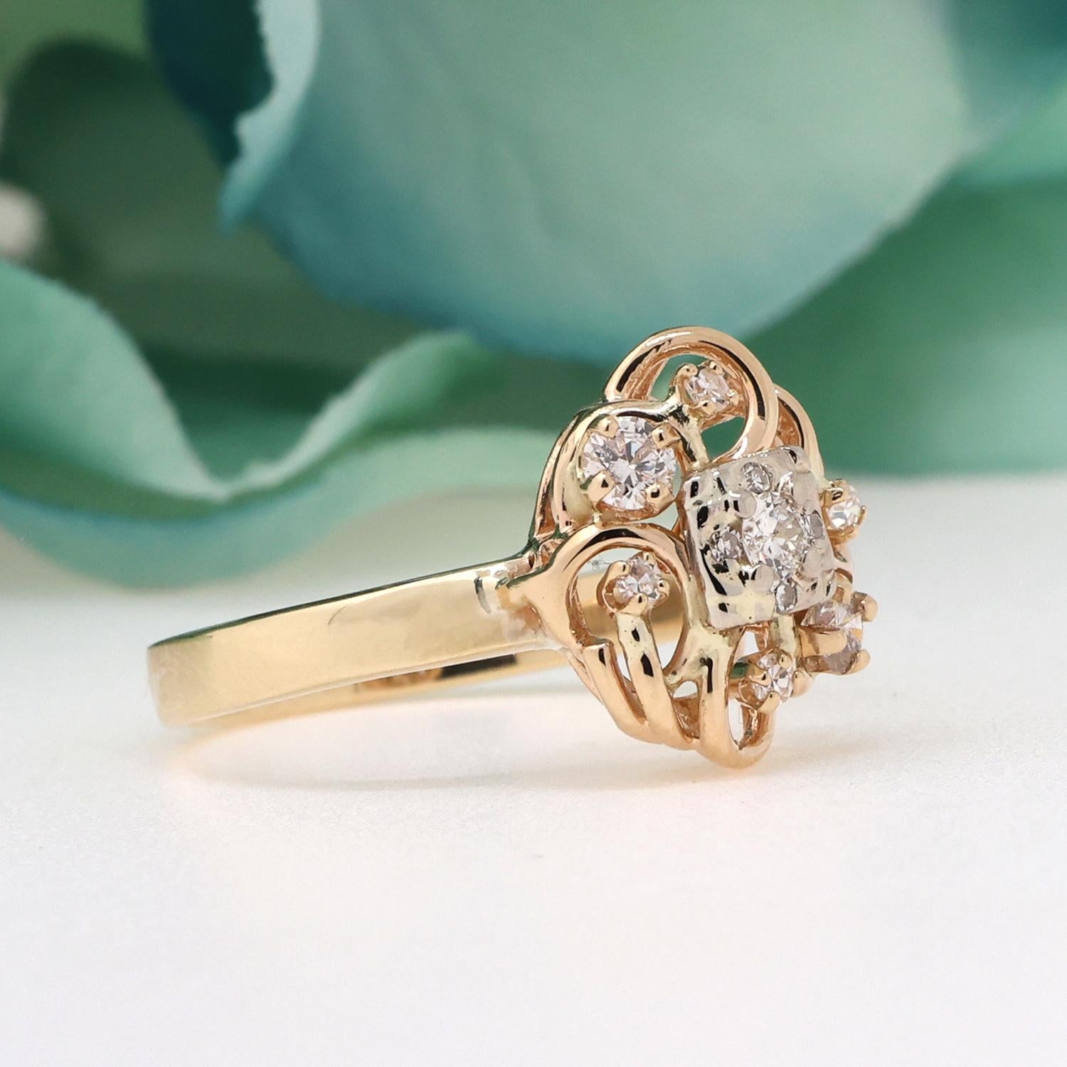 Floral Diamond Cocktail Ring 10K Yellow Gold Filigree 0.37 TW Size 8.75 Estate