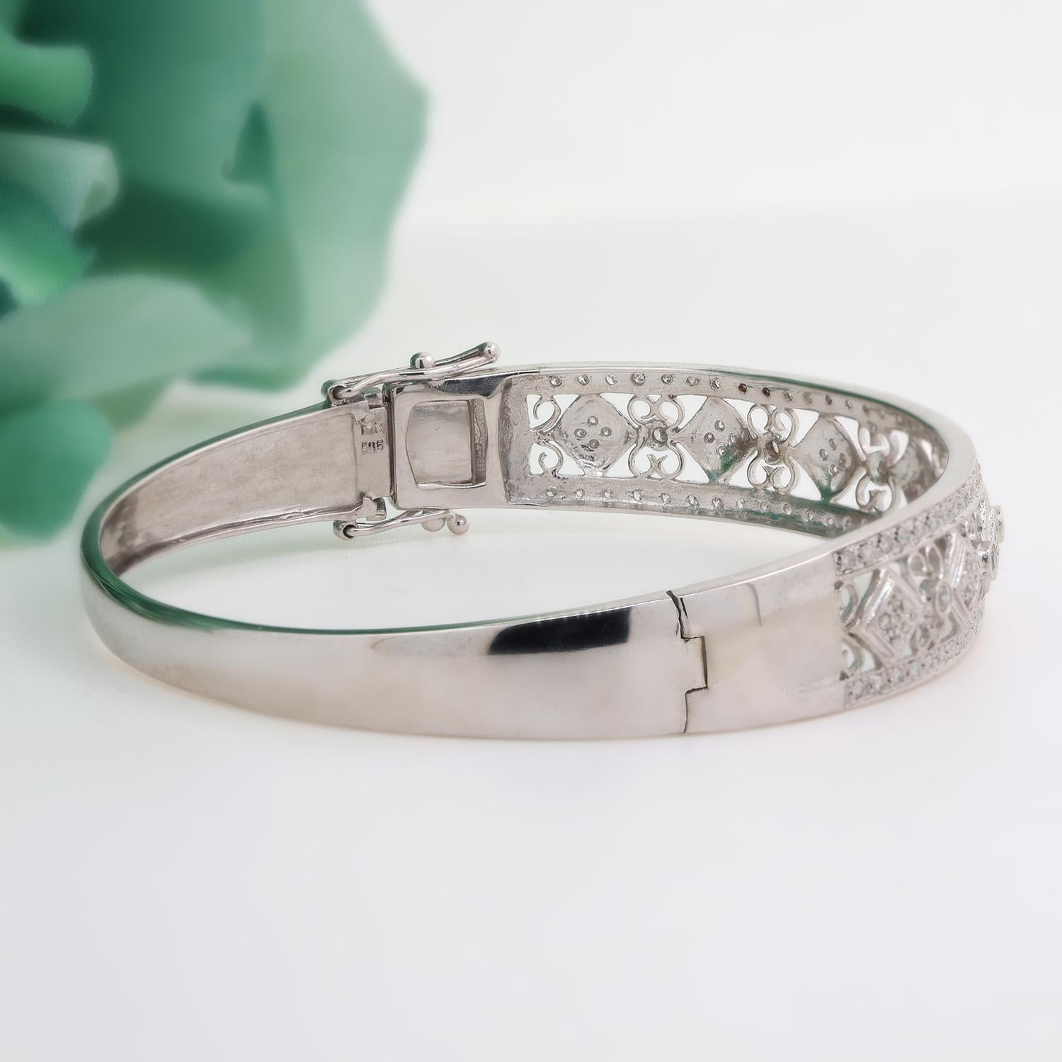 Diamond Filigree Bangle Bracelet 14k White Gold 1.20 TW Round Diamonds Size 7