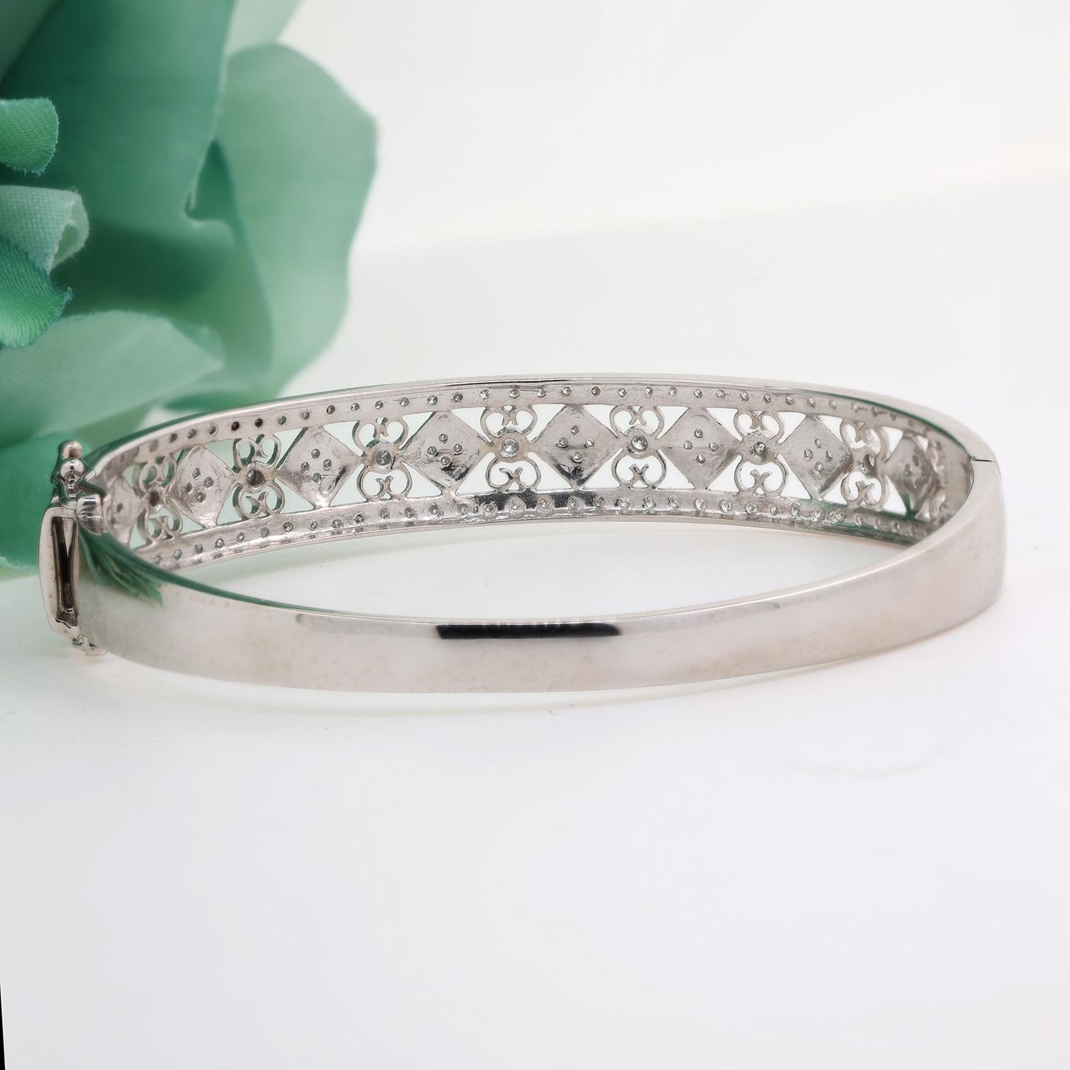 Diamond Filigree Bangle Bracelet 14k White Gold 1.20 TW Round Diamonds Size 7