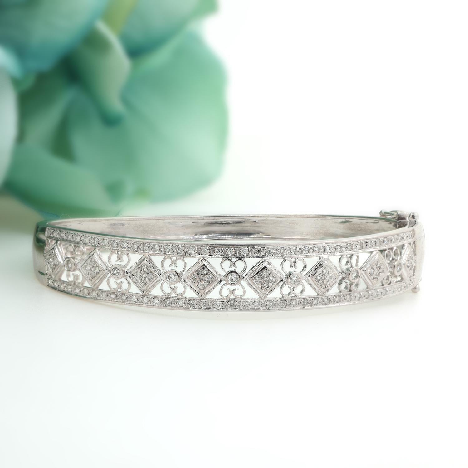 Diamond Filigree Bangle Bracelet 14k White Gold 1.20 TW Round Diamonds Size 7