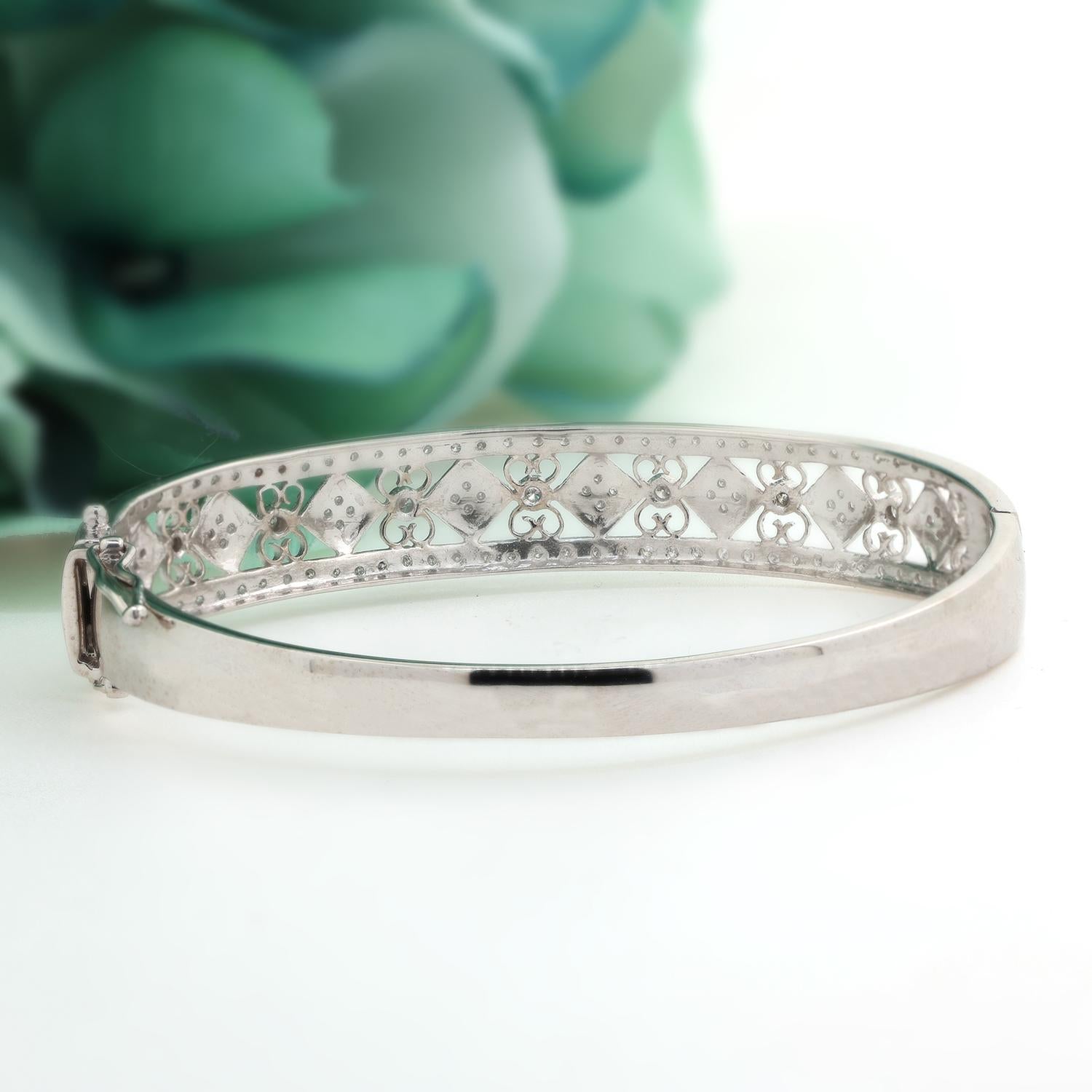 Diamond Filigree Bangle Bracelet 14k White Gold 1.20 TW Round Diamonds Size 7