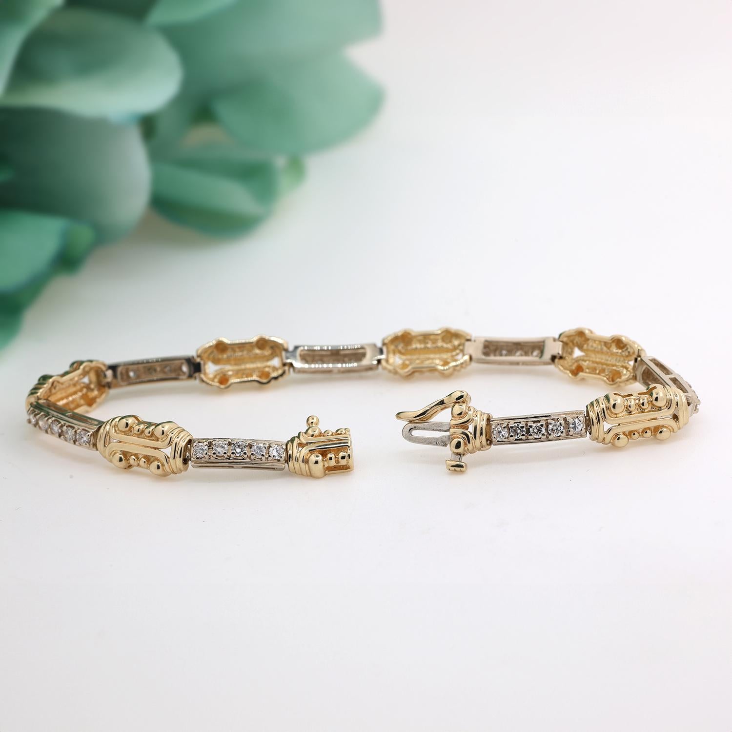 Diamond Station Bracelet 14K Two-Tone Gold 1.05 TW Size 7.25" Estate