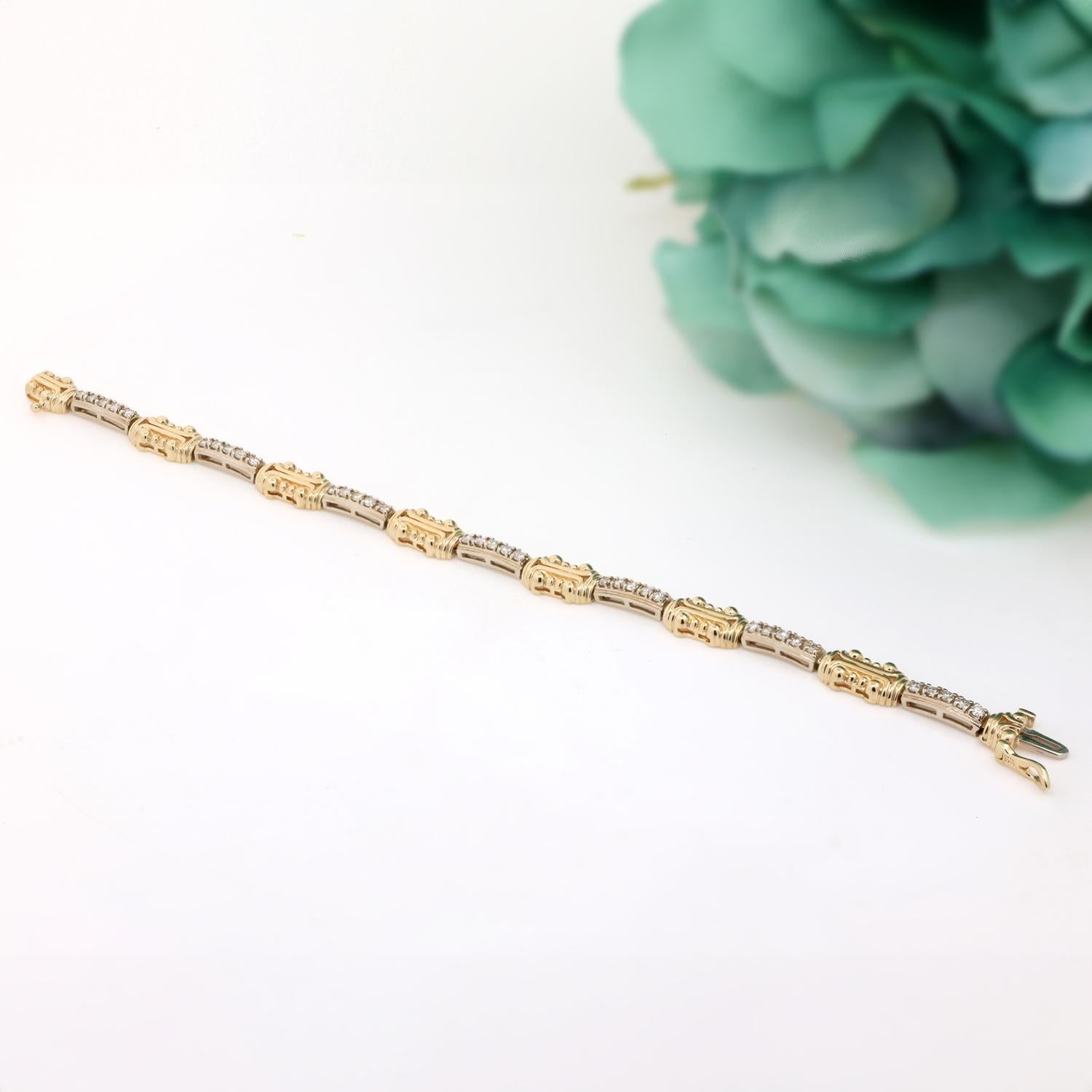 Diamond Station Bracelet 14K Two-Tone Gold 1.05 TW Size 7.25" Estate