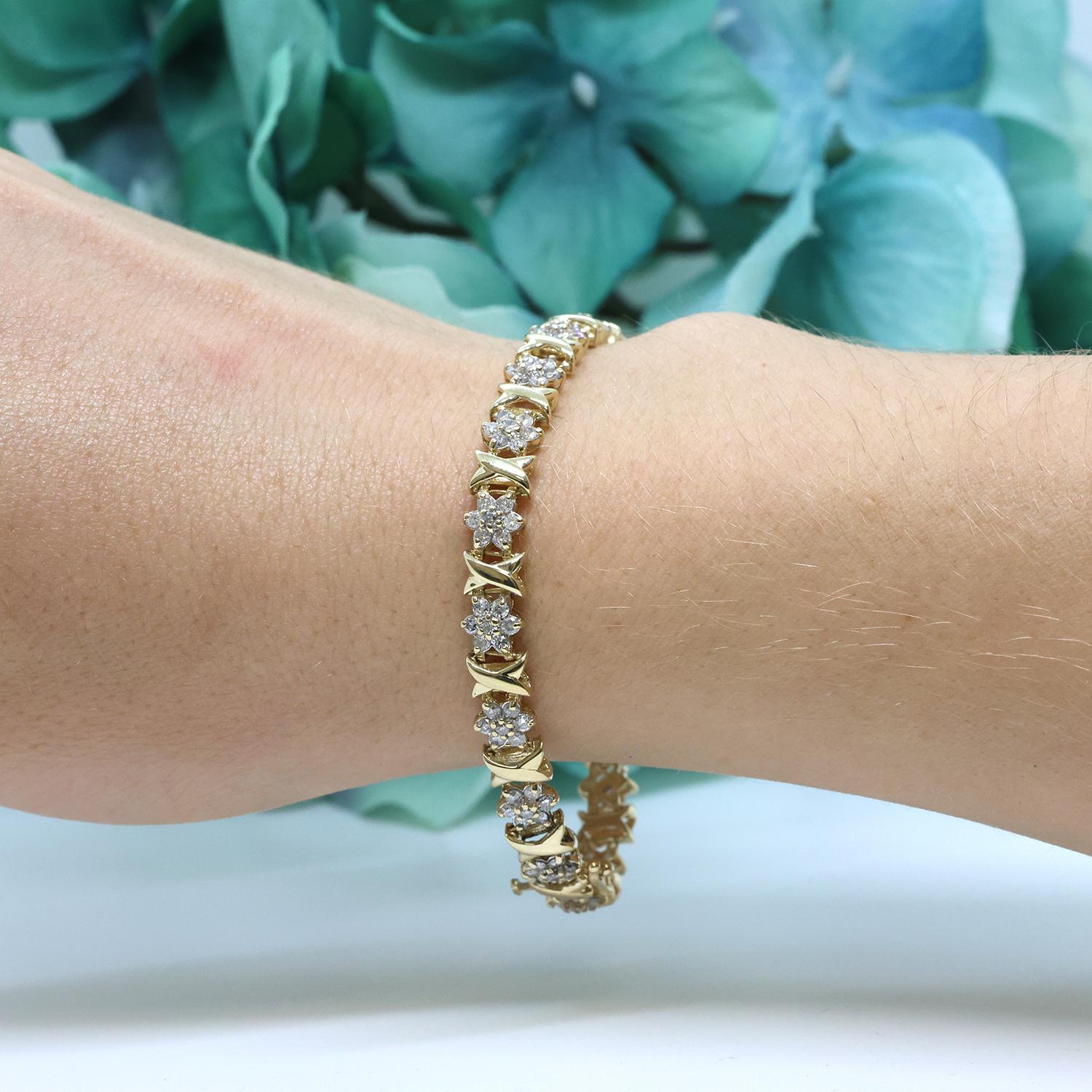 3.25 TW Diamond Floral Tennis Bracelet 14K Yellow Gold 6.5" Ladies