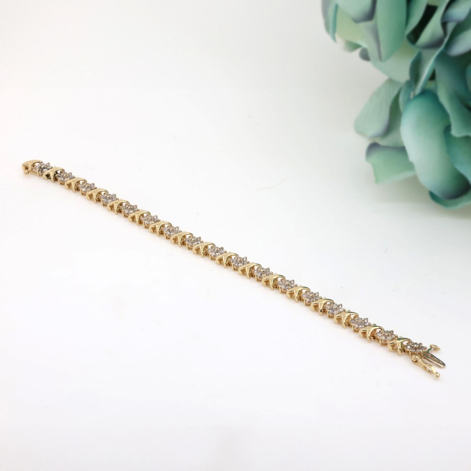 3.25 TW Diamond Floral Tennis Bracelet 14K Yellow Gold 6.5" Ladies