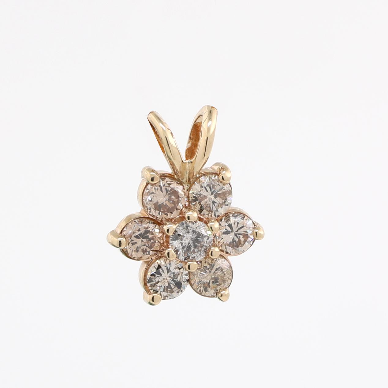 Floral Champagne Diamond Pendant Charm 14K Yellow Gold 0.70 TW 0.47" Estate