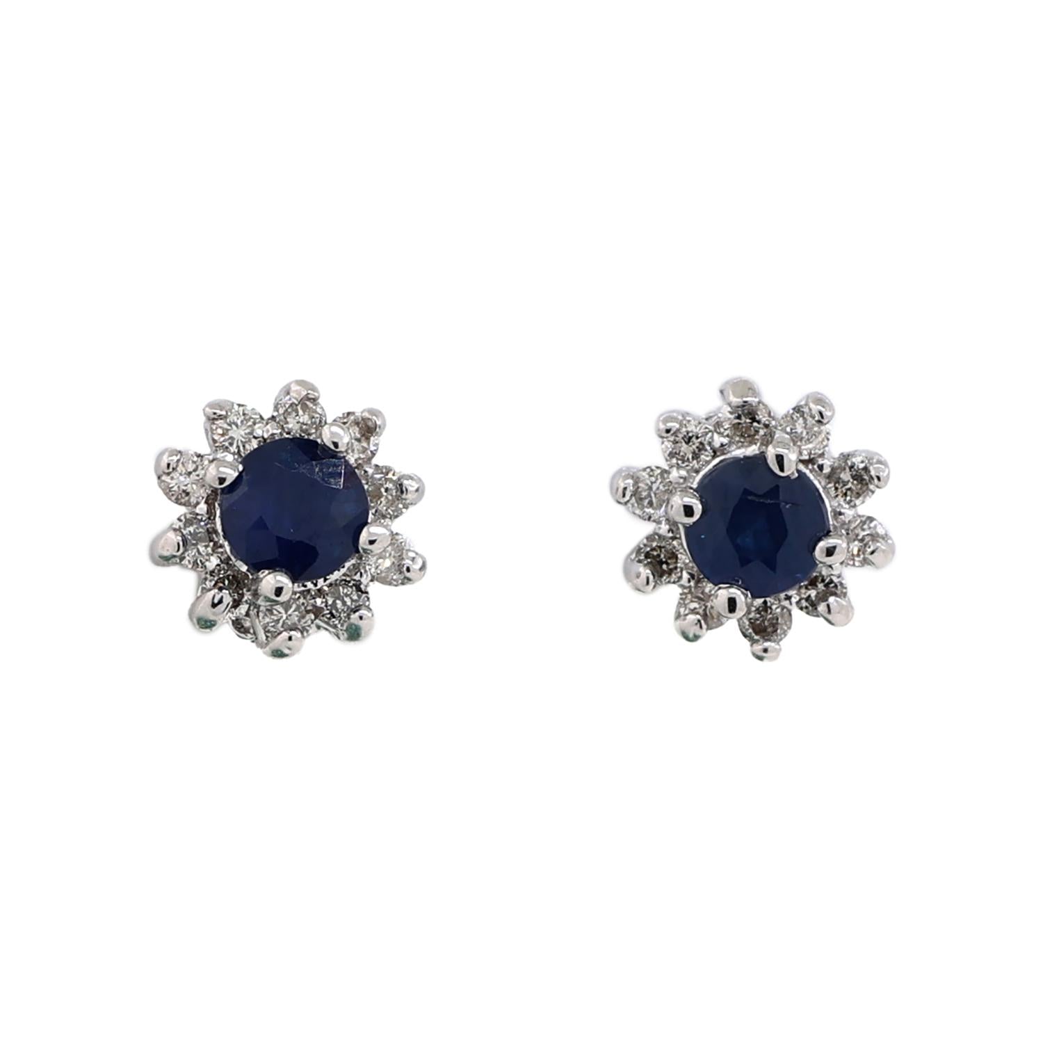 Round Sapphire Halo Diamond Stud Floral Earrings 14K White Gold 1.04 CTW 0.20"