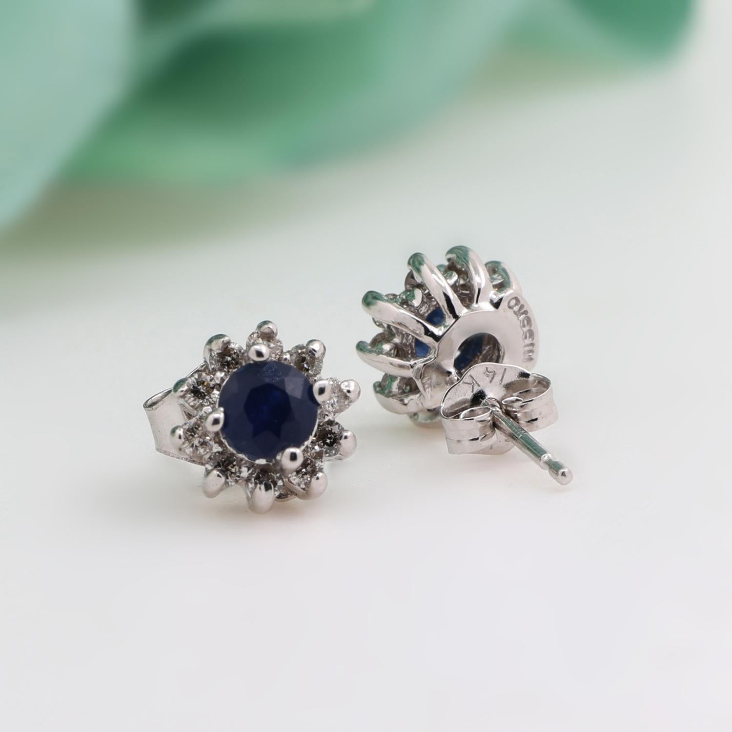 Round Sapphire Halo Diamond Stud Floral Earrings 14K White Gold 1.04 CTW 0.20"