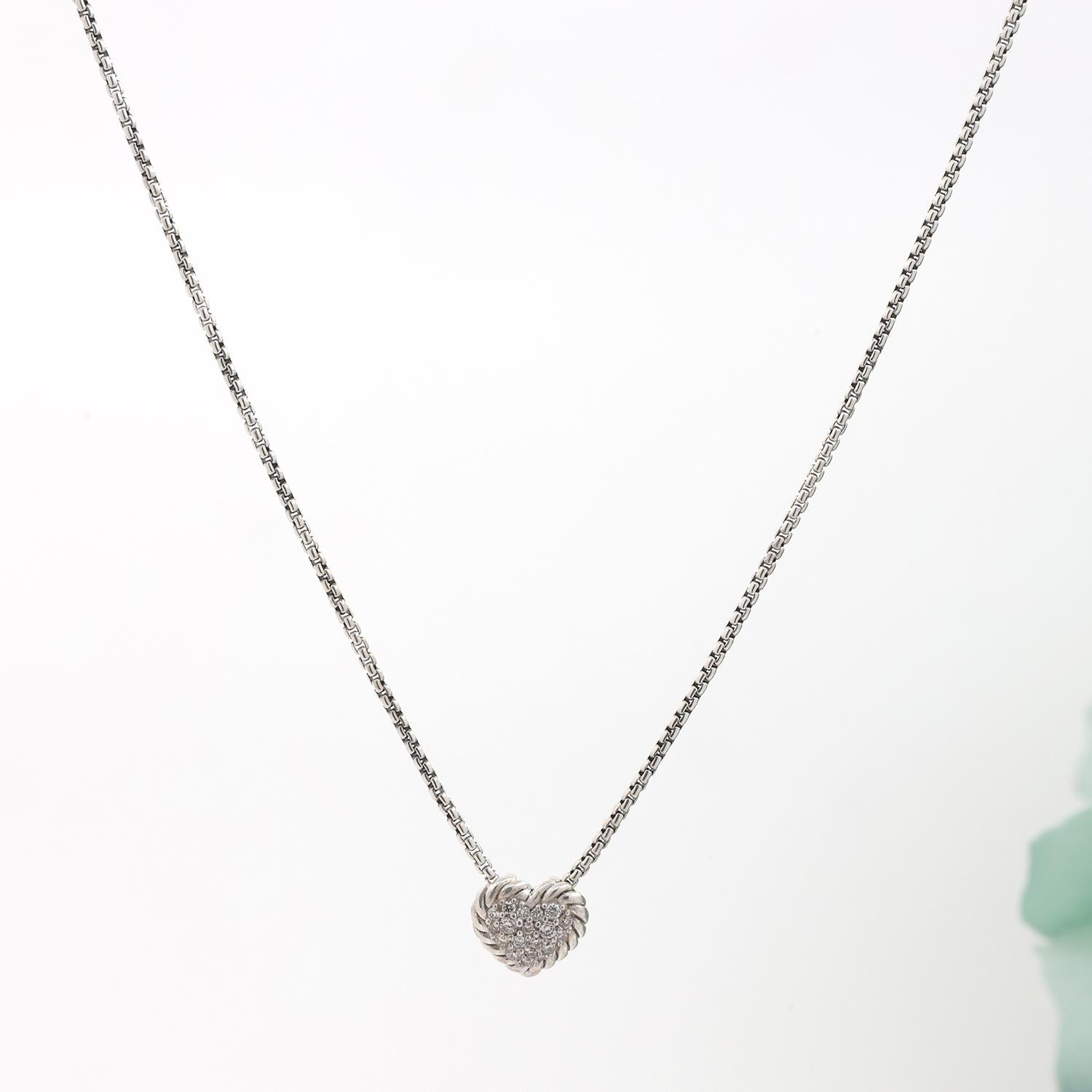 David Yurman Petite Pave Diamond Heart Pendant Necklace Sterling Silver 17"