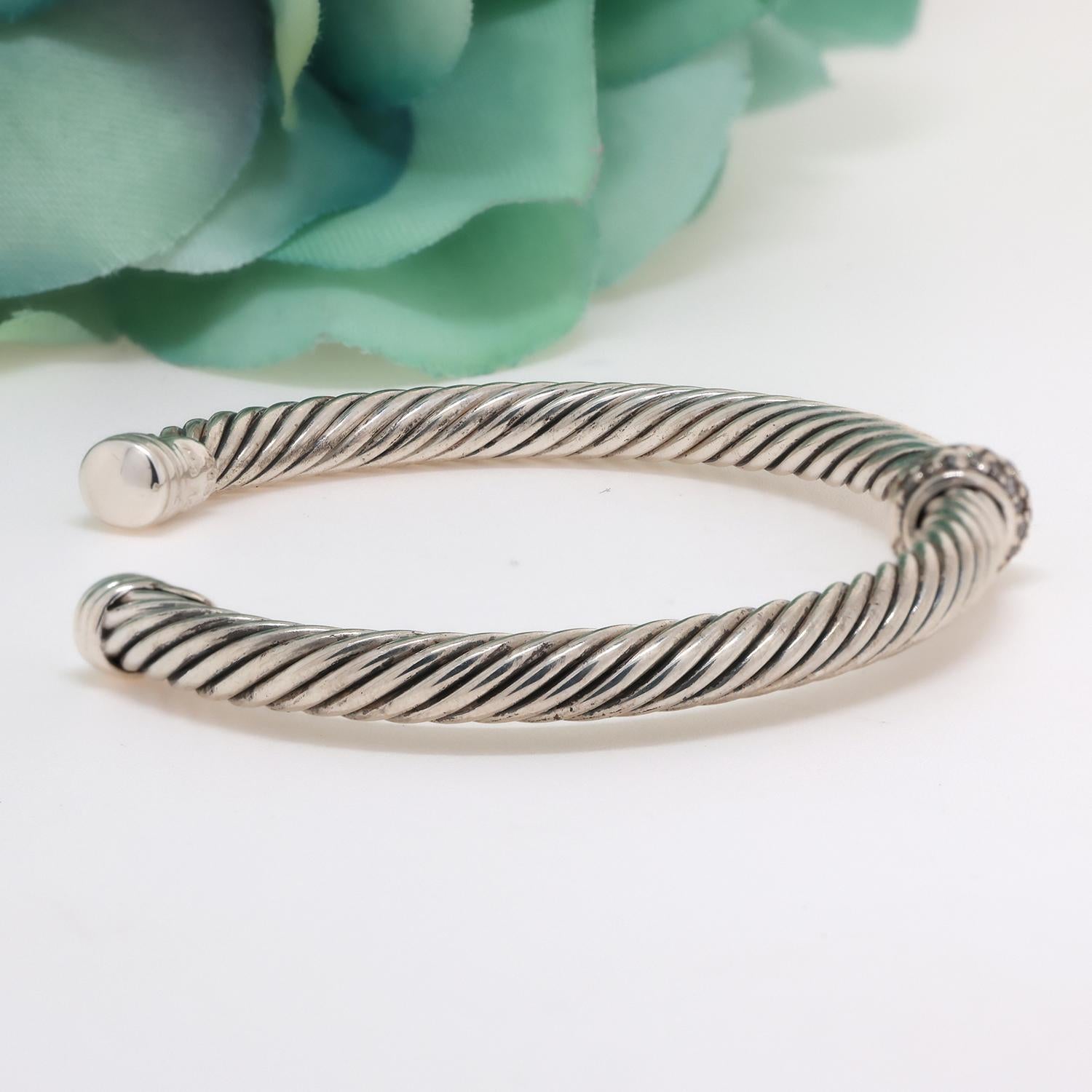 David Yurman Classic Diamond Cable Cuff Bangle Sterling Silver 0.11 TW 6.5"