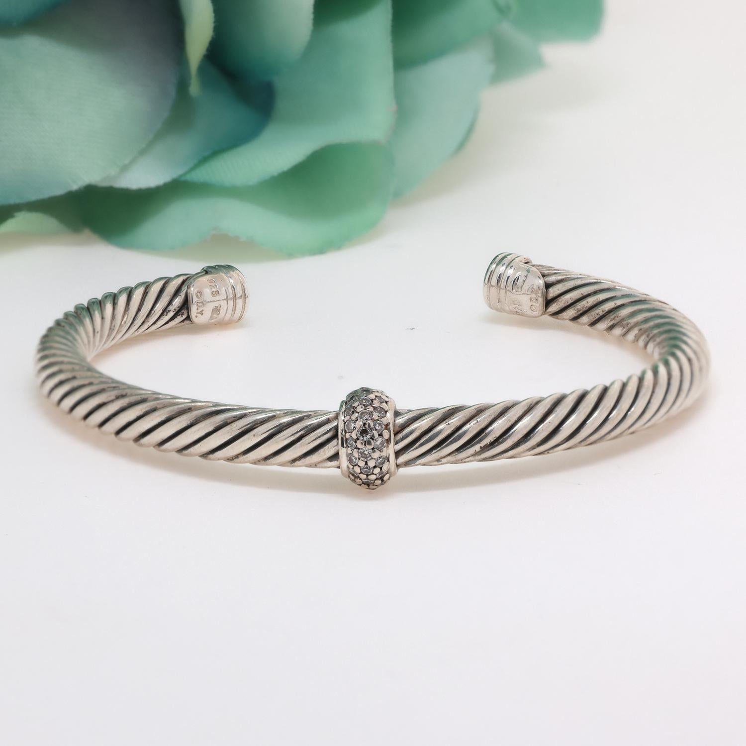 David Yurman Classic Diamond Cable Cuff Bangle Sterling Silver 0.11 TW 6.5"