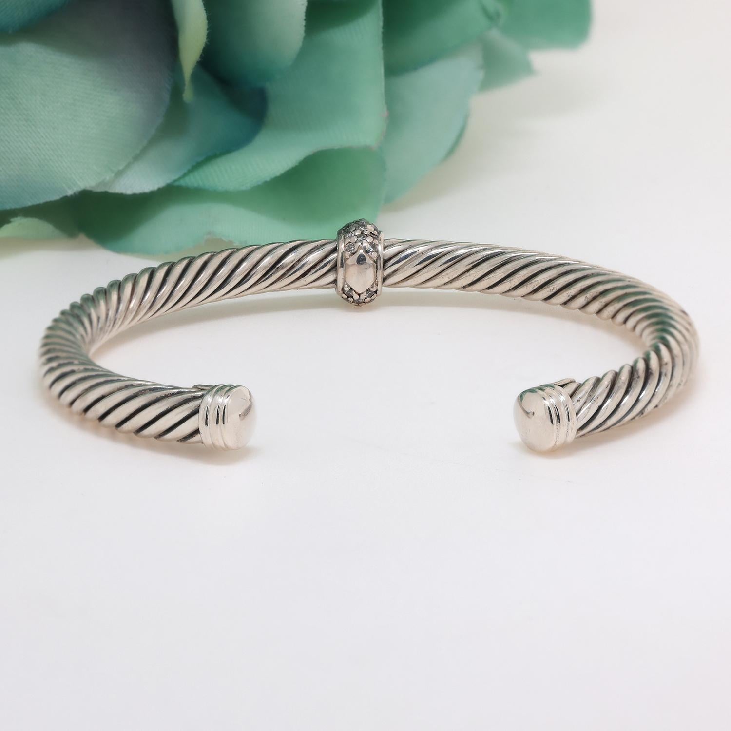 David Yurman Classic Diamond Cable Cuff Bangle Sterling Silver 0.11 TW 6.5"