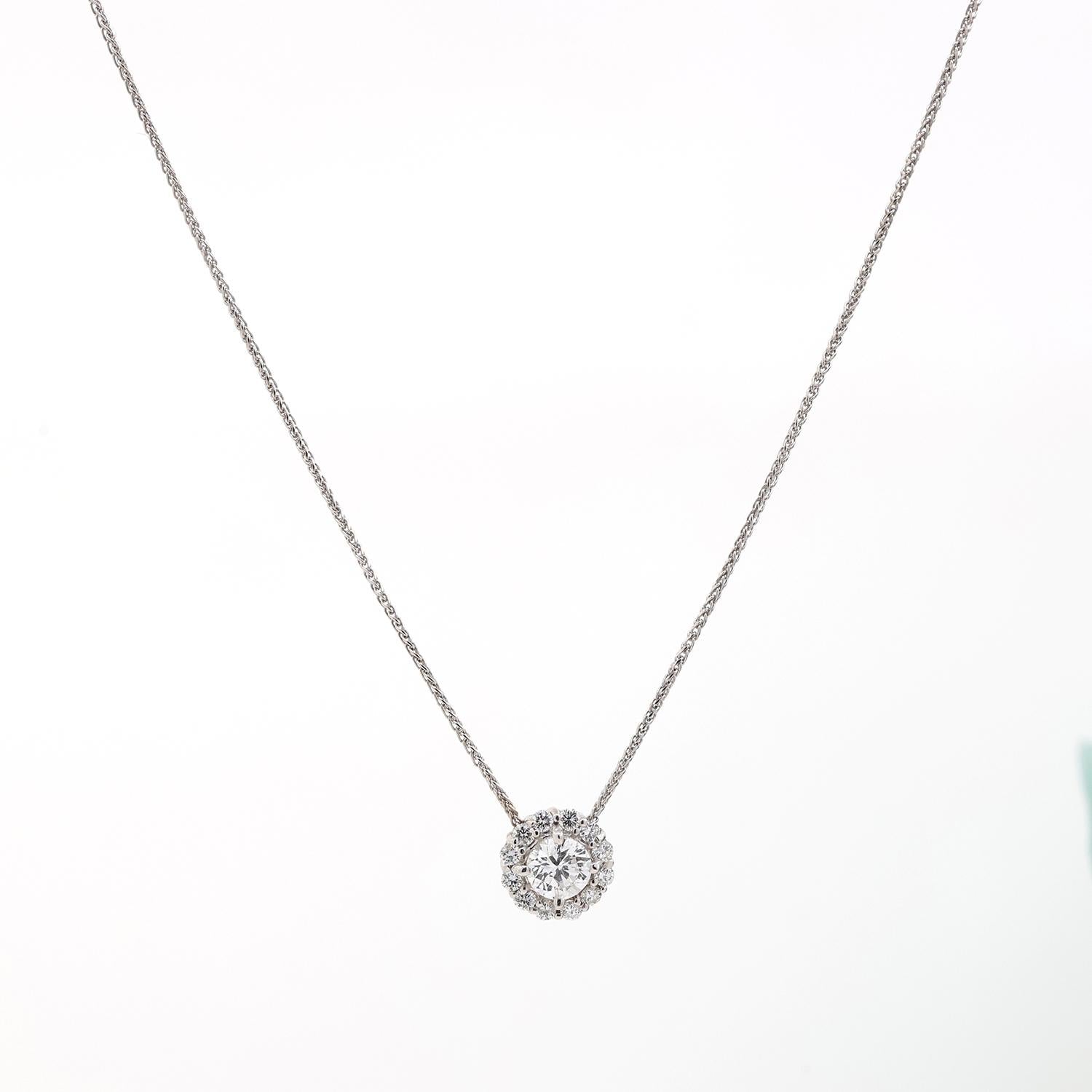 1.11 TW Solitaire Round Halo Diamond Pendant Chain Necklace 14K White Gold 16"