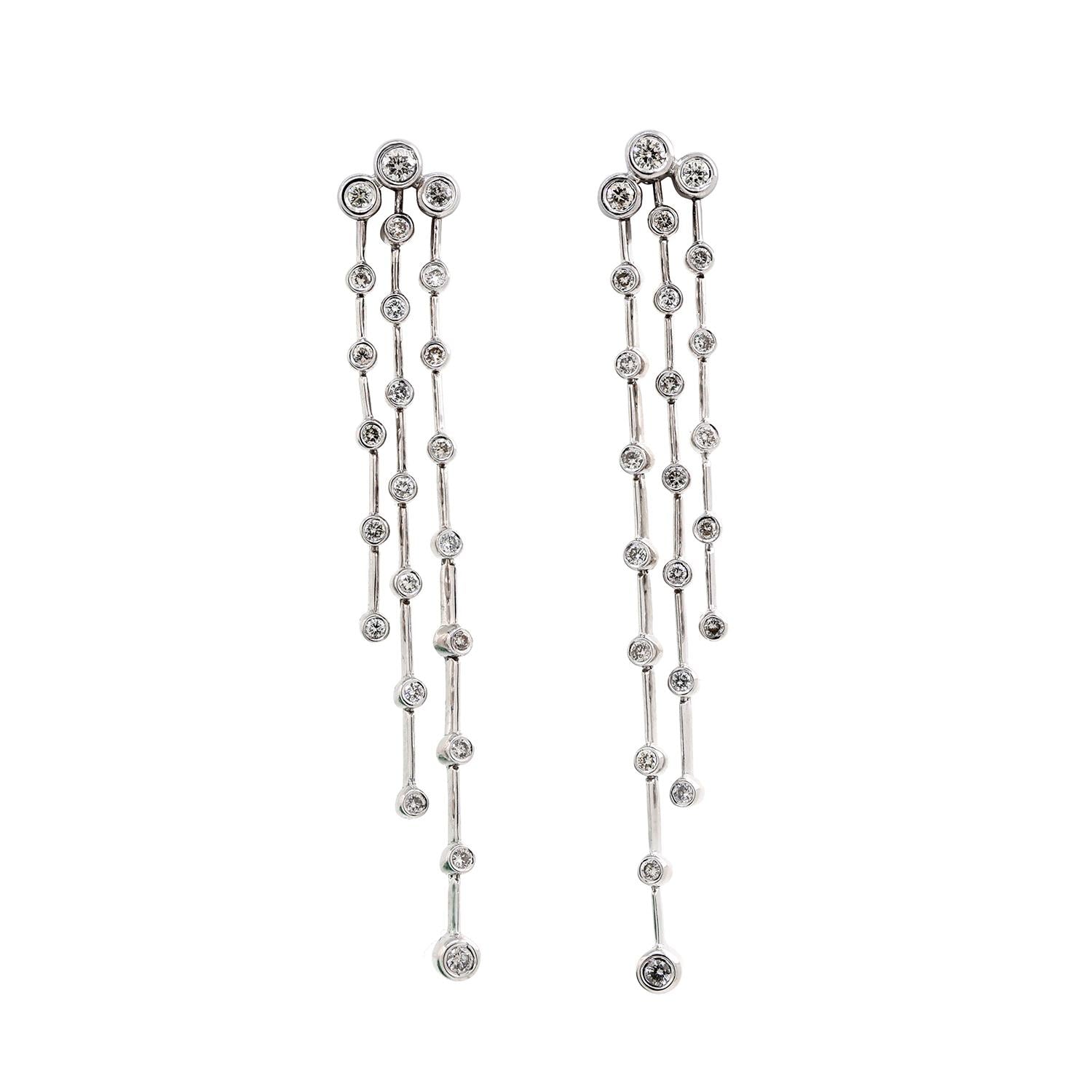 3-Strand Diamond Drop Dangle Earrings 14K White Gold 1.00 TW 2.20" Estate