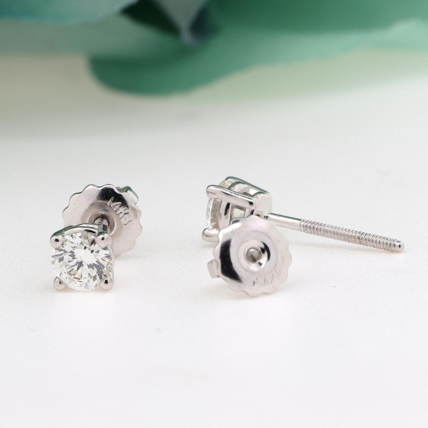 0.60 TW Round Diamond Stud Earrings 14K White Gold 4-Prong Basket Set Screw Back