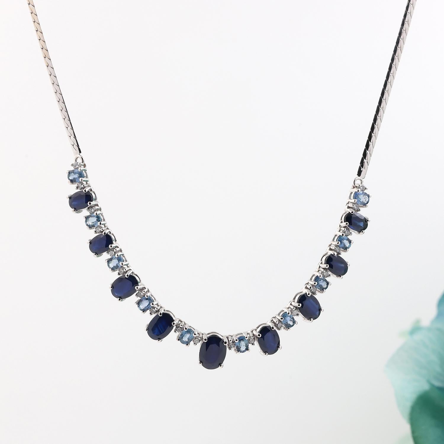 Estate Sapphire Topaz Diamond Necklace 14K White Gold 14.90 TW Oval Gems 16.75"