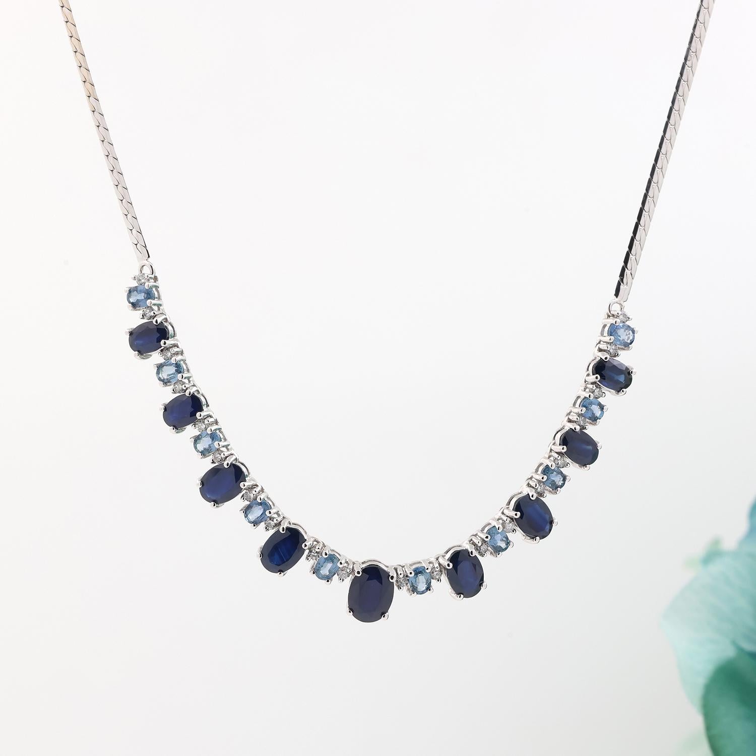 Estate Sapphire Topaz Diamond Necklace 14K White Gold 14.90 TW Oval Gems 16.75"