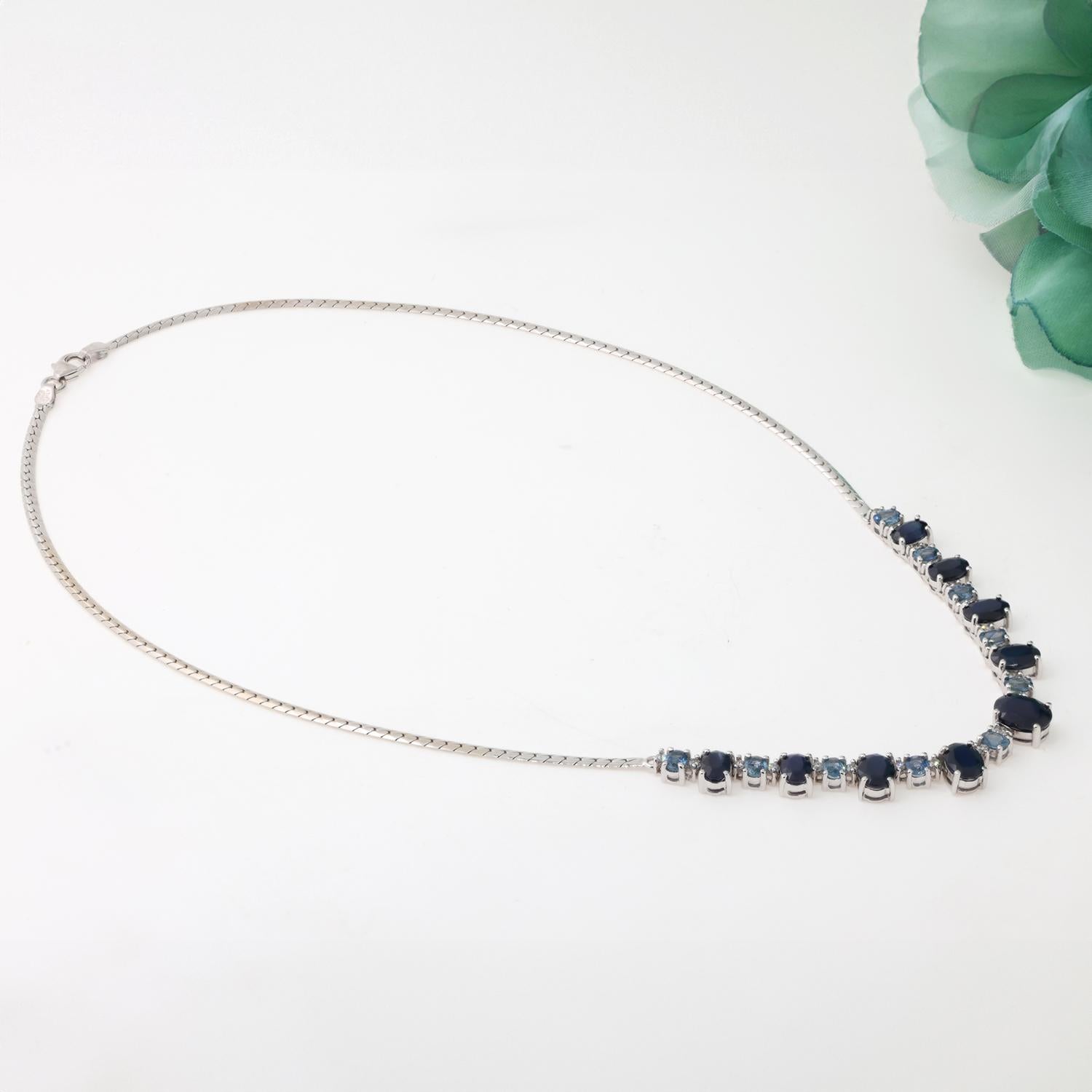 Estate Sapphire Topaz Diamond Necklace 14K White Gold 14.90 TW Oval Gems 16.75"