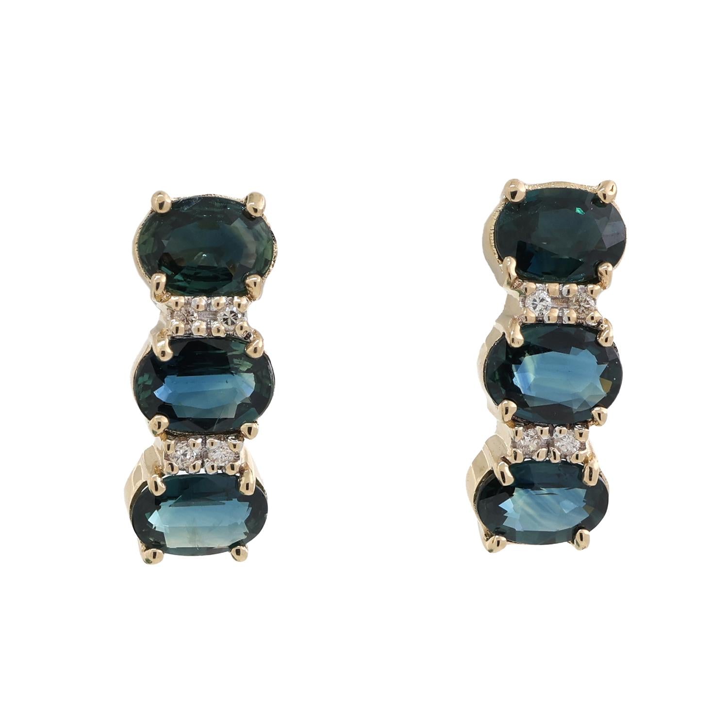 Teal Blue Sapphire Diamond Drop Earrings 14K Yellow Gold 6.76 CTW 0.60"