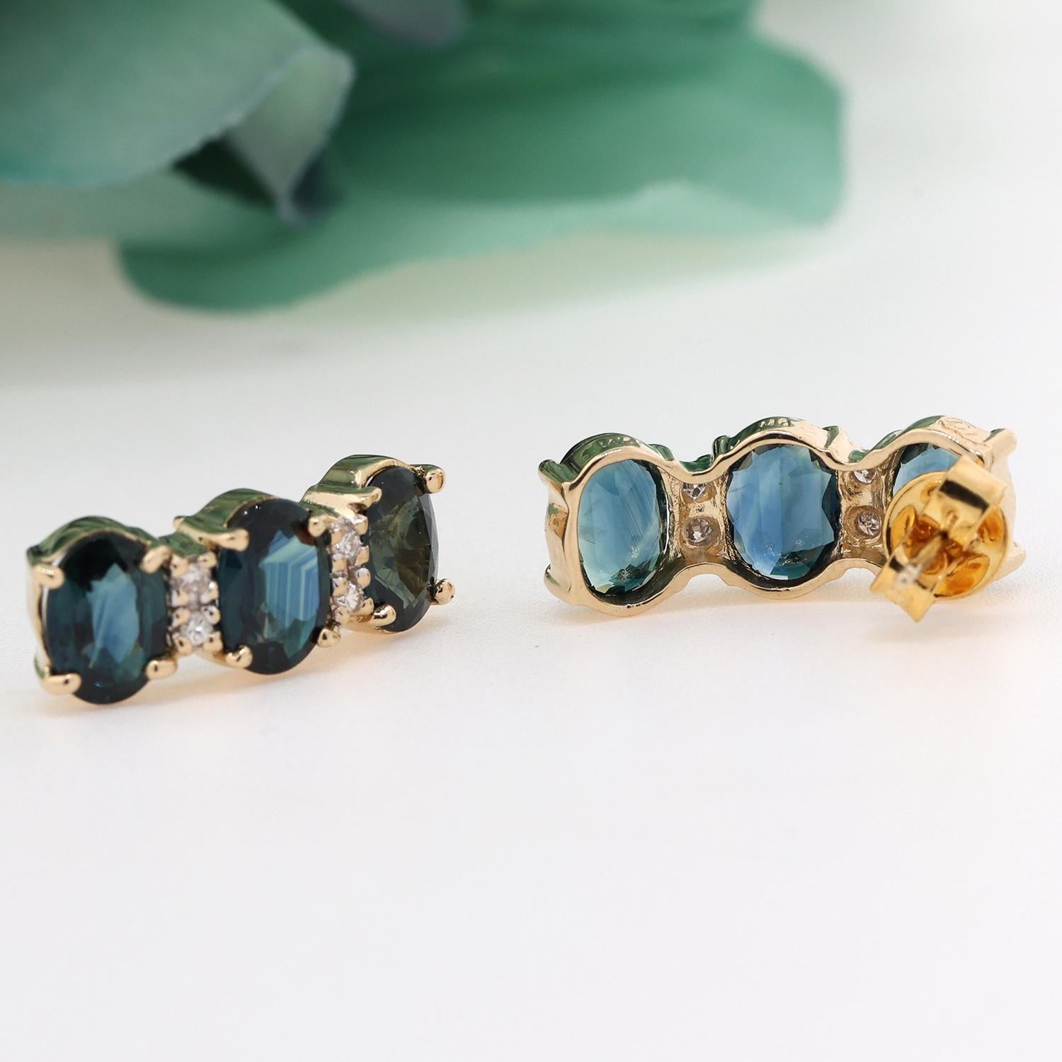 Teal Blue Sapphire Diamond Drop Earrings 14K Yellow Gold 6.76 CTW 0.60"