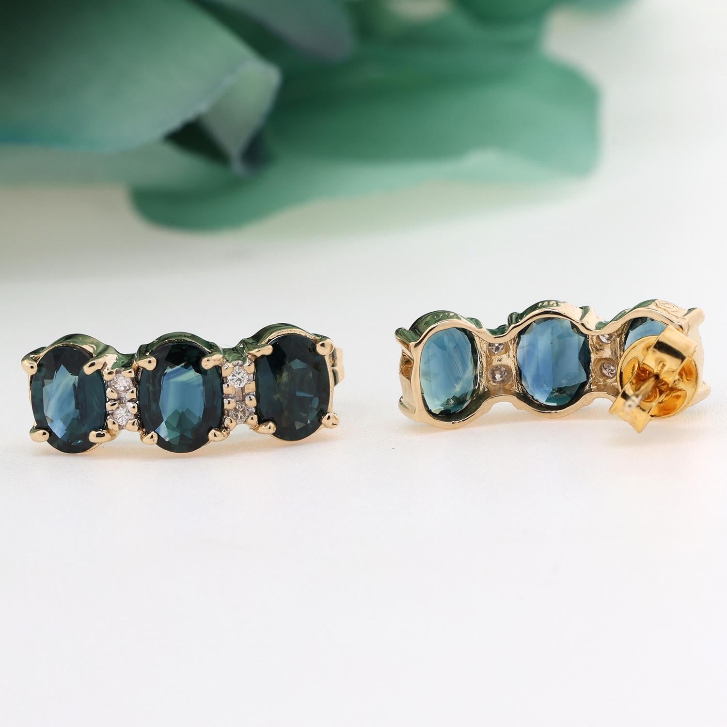 Teal Blue Sapphire Diamond Drop Earrings 14K Yellow Gold 6.76 CTW 0.60"