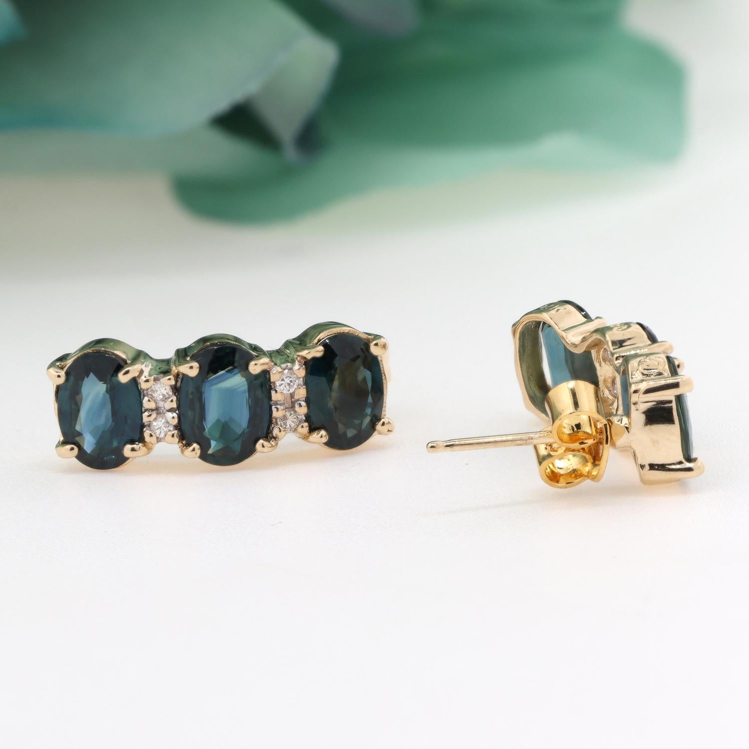 Teal Blue Sapphire Diamond Drop Earrings 14K Yellow Gold 6.76 CTW 0.60"