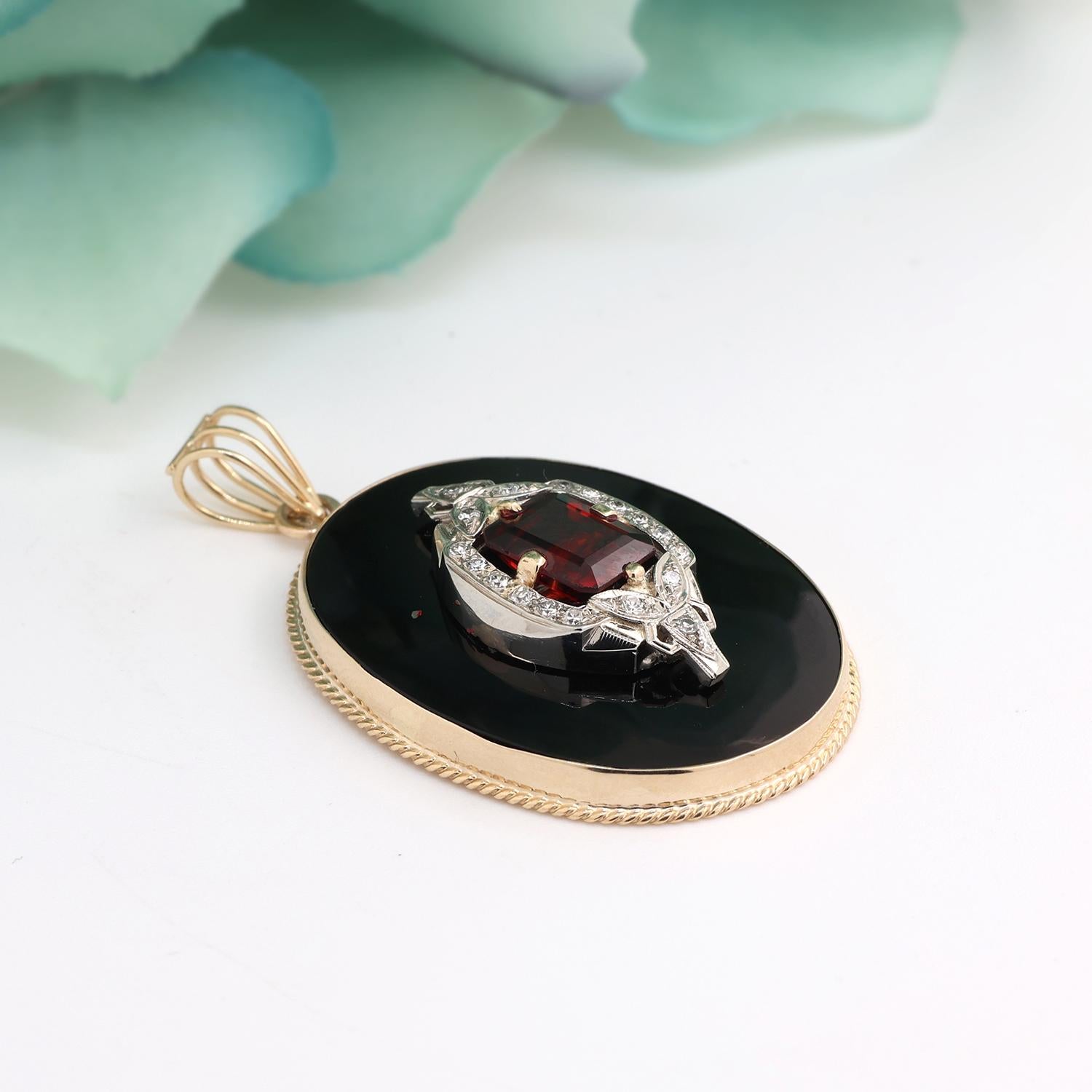 Oval Black Onyx Diamond Garnet Pendant 14K Yellow Gold 1.90" Vintage