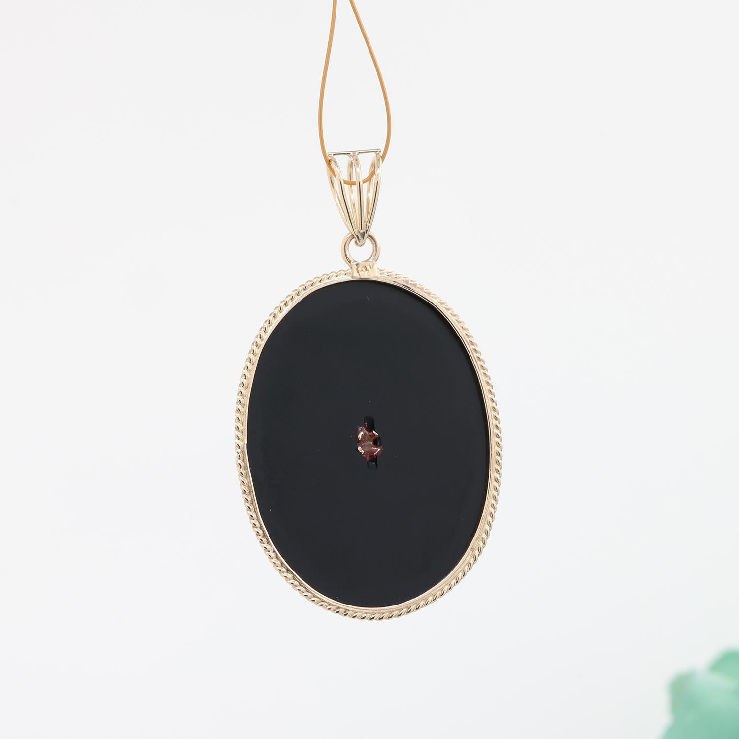 Oval Black Onyx Diamond Garnet Pendant 14K Yellow Gold 1.90" Vintage