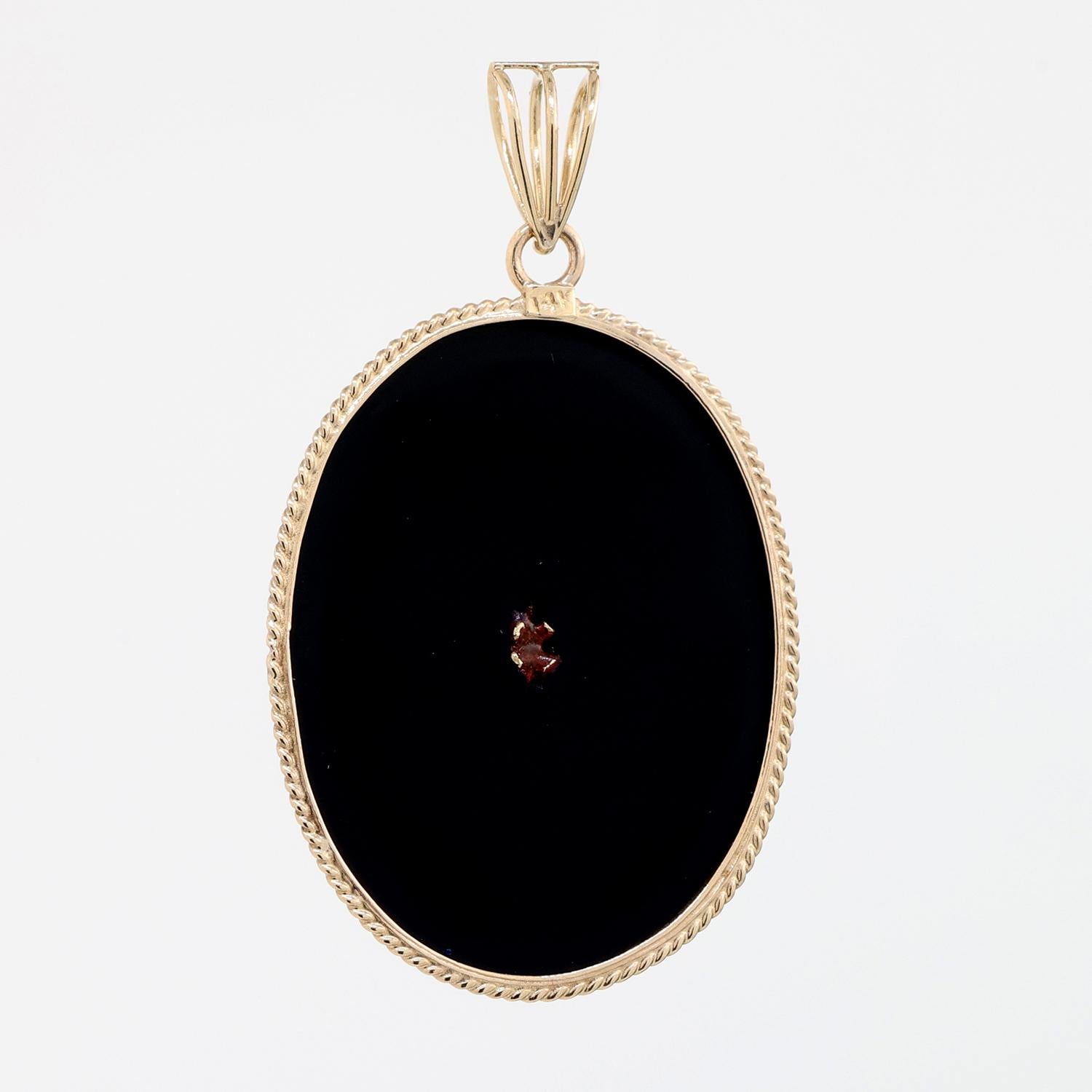 Oval Black Onyx Diamond Garnet Pendant 14K Yellow Gold 1.90" Vintage