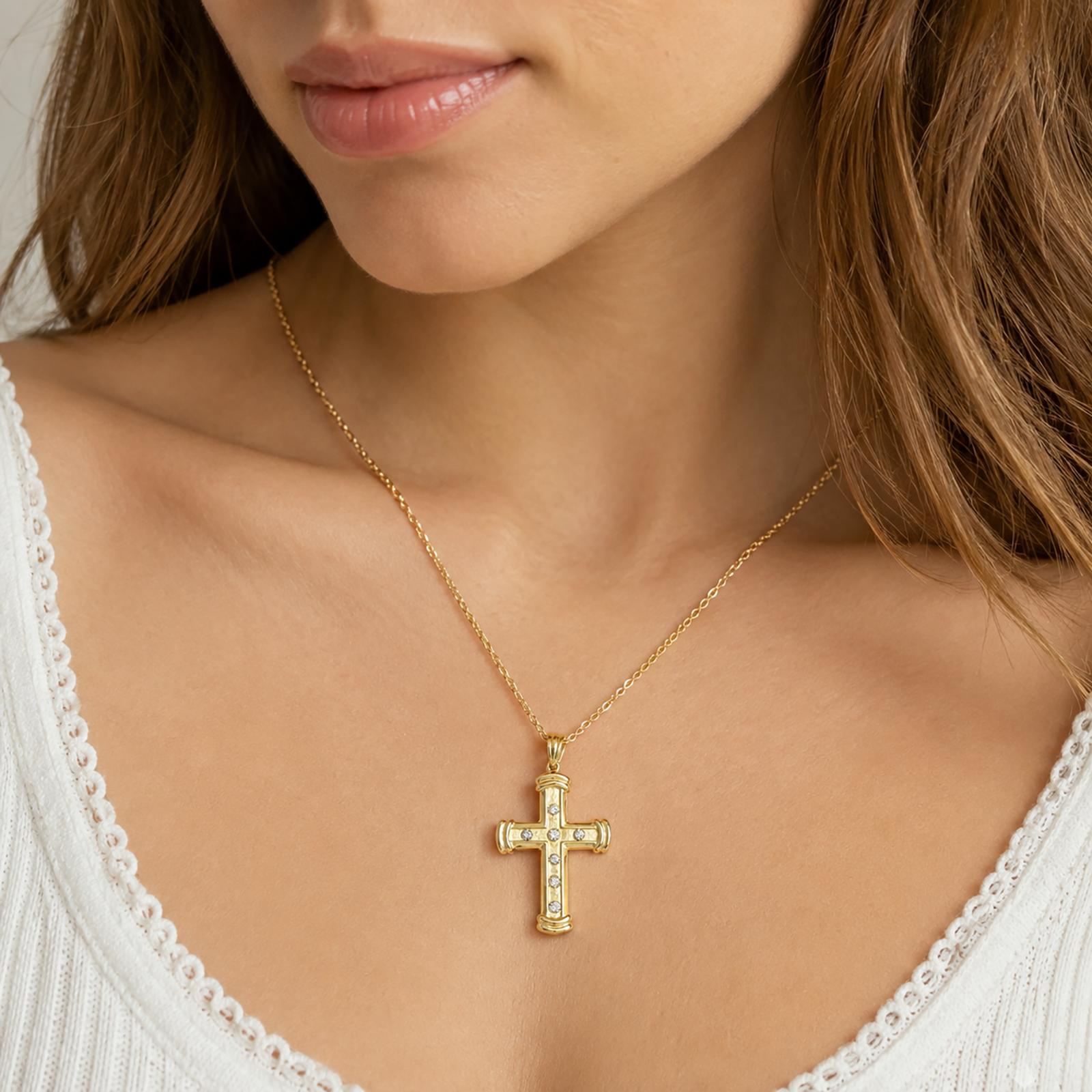 18K Yellow Gold 0.33ctw Diamond Brushed Polished Cross Pendant Charm