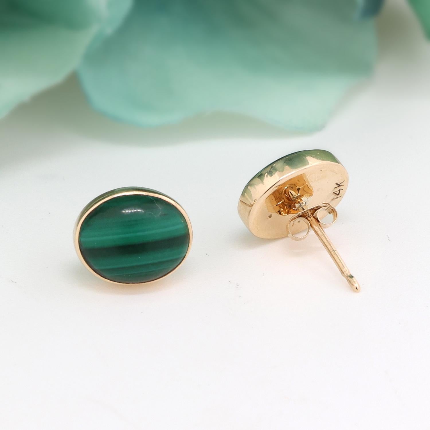 Malachite Gemstone Oval Stud Earrings 14K Yellow Gold Bezel Set