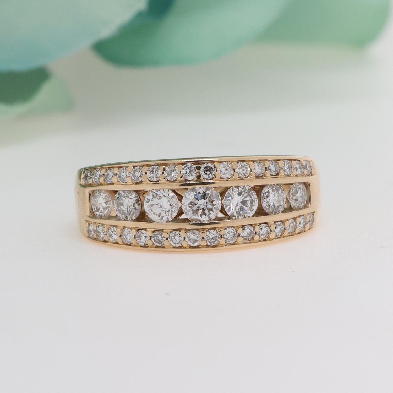 3-Row Diamond Wide Band Ring 14K Yellow Gold 1.20 TW Round Diamonds Size 5.75